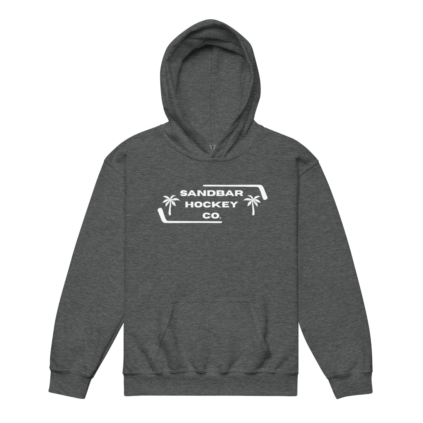 Dark gray Palm Frame Youth Hoodie with white Sandbar Hockey Co. palm frame front logo