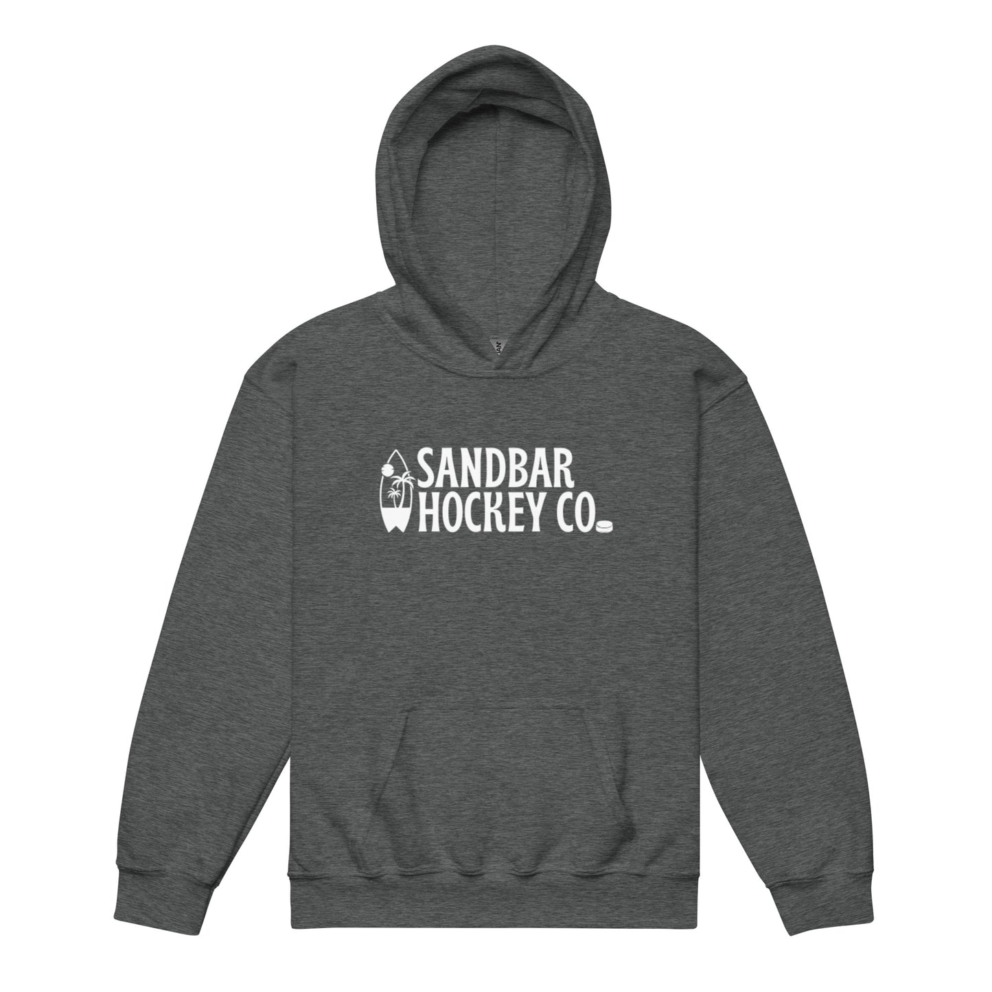 Charcoal youth Surfside Hockey hoodie with white Sandbar Hockey Co. surfboard logo on the front