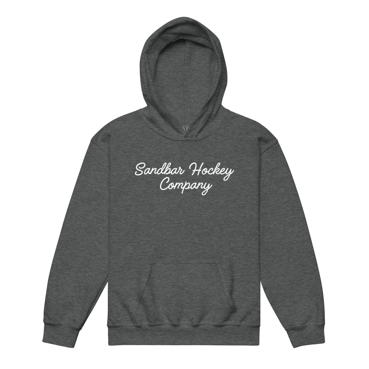 Dark heather youth hockey hoodie shown from the front, featuring a white Sandbar Hockey Company script logo across the chest.