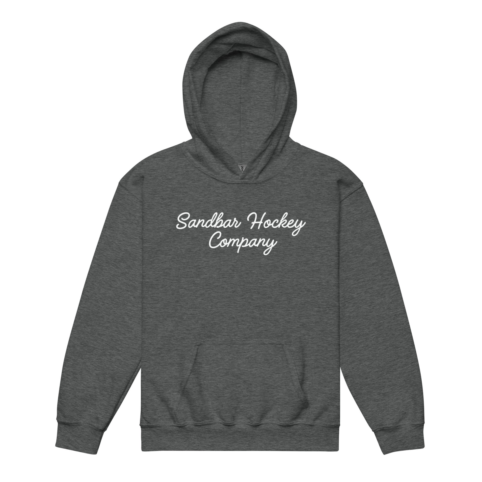 Dark heather youth hockey hoodie shown from the front, featuring a white Sandbar Hockey Company script logo across the chest.