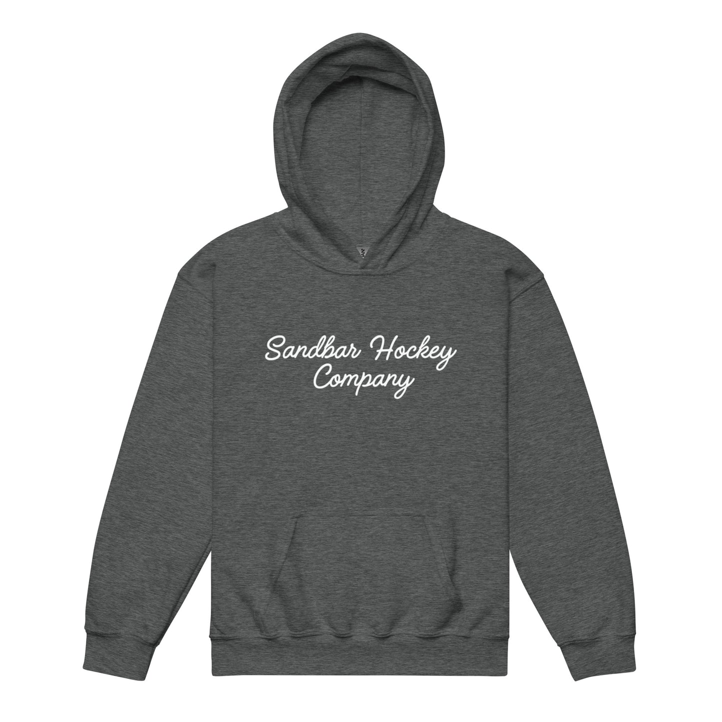 Dark heather gray youth hoodie with “Sandbar Hockey Company” printed in white script across the front chest and a front kangaroo pocket.