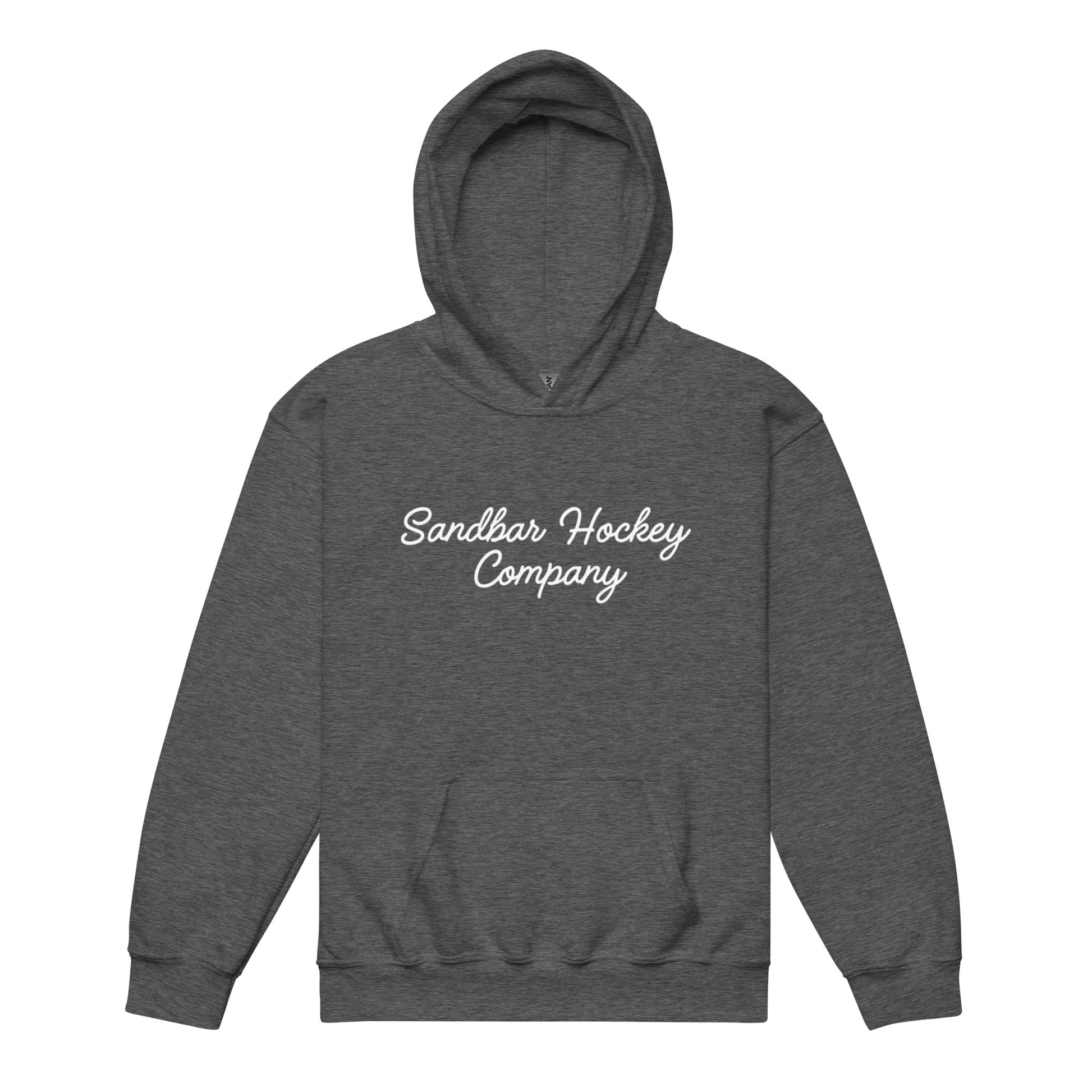 Dark heather gray youth hoodie with “Sandbar Hockey Company” printed in white script across the front chest and a front kangaroo pocket.