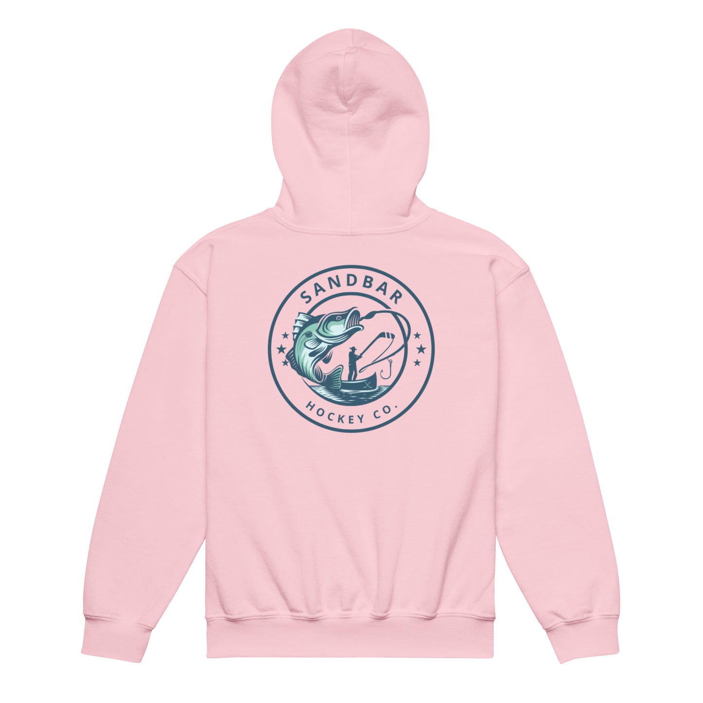 Light pink youth fishing hockey hoodie back side with large circular bass fishing logo and fisherman holding hockey stick silhouette