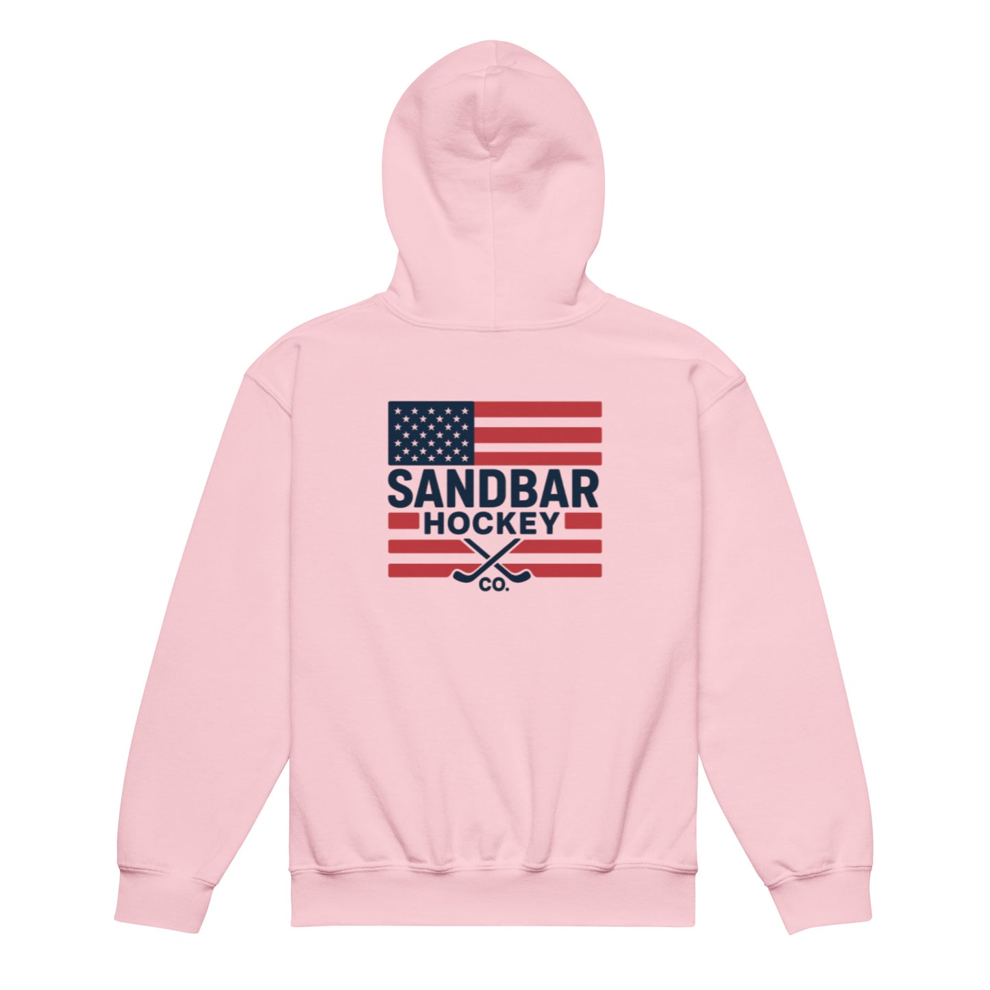 Light pink youth hockey hoodie front side with American flag hockey graphic, crossed sticks, and Sandbar Hockey Co. logo