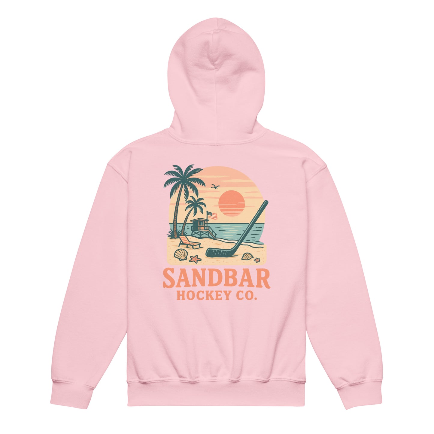 Light pink youth hockey hoodie back side with beach sunset graphic, palm trees, lifeguard stand, hockey stick, and Sandbar Hockey Co. text