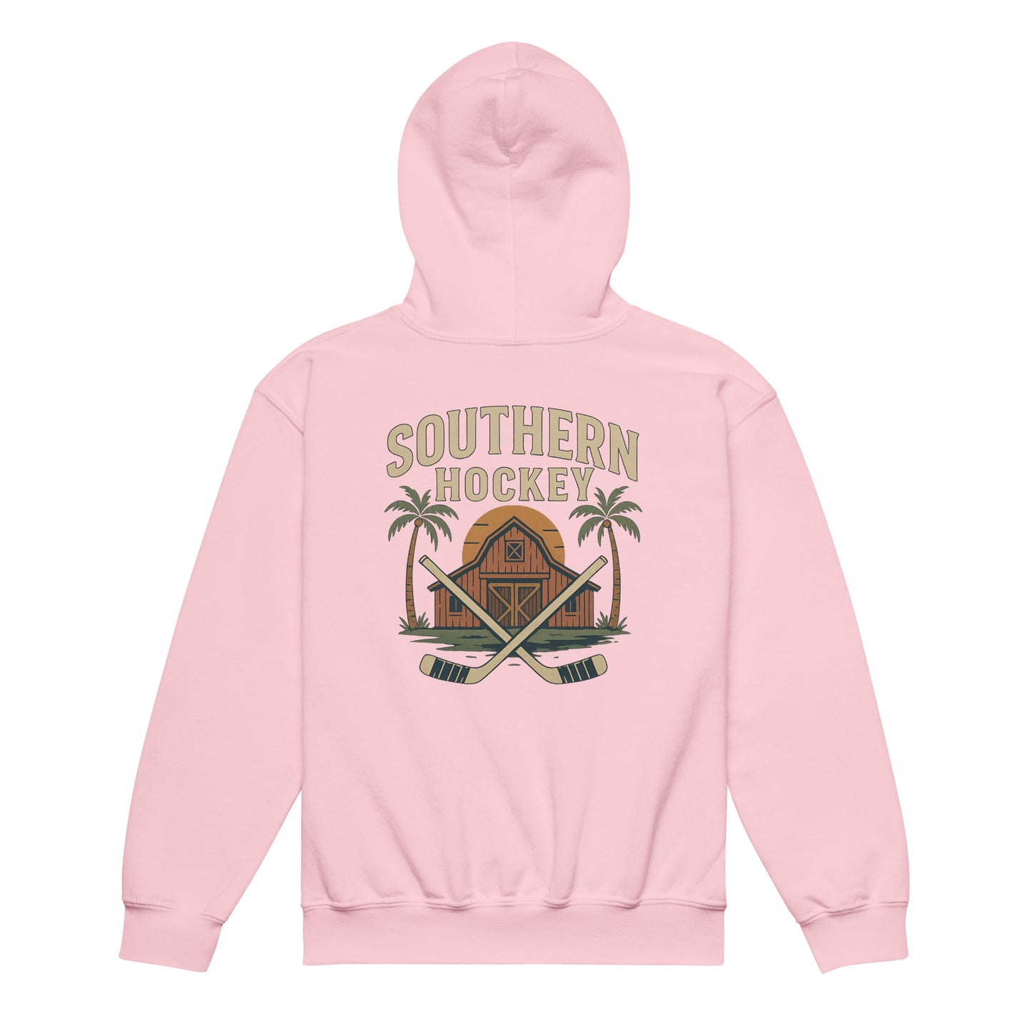 Light pink youth hockey hoodie back side with Southern Hockey barn graphic, crossed hockey sticks, palm trees, and sunset design