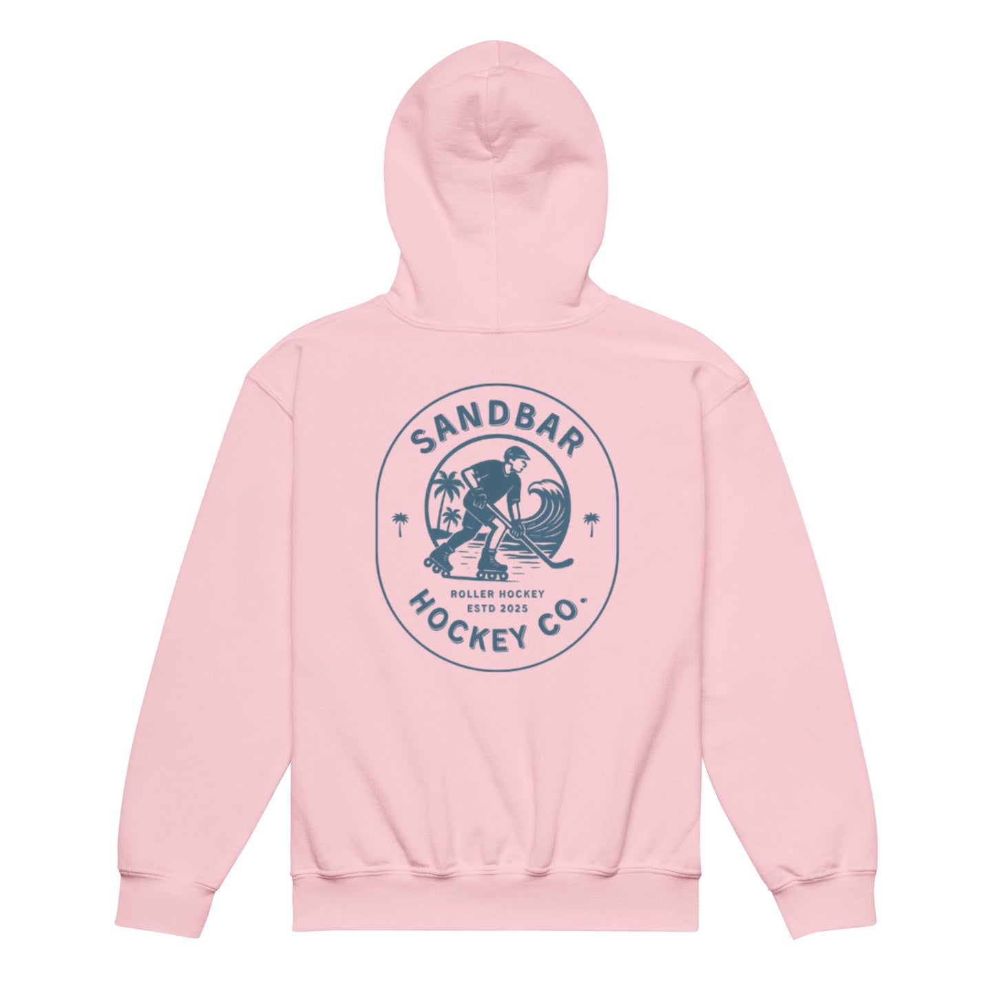 Light pink youth roller hockey hoodie back side with large circular roller hockey graphic featuring skater, ocean wave, palm trees, and Sandbar Hockey Co. text