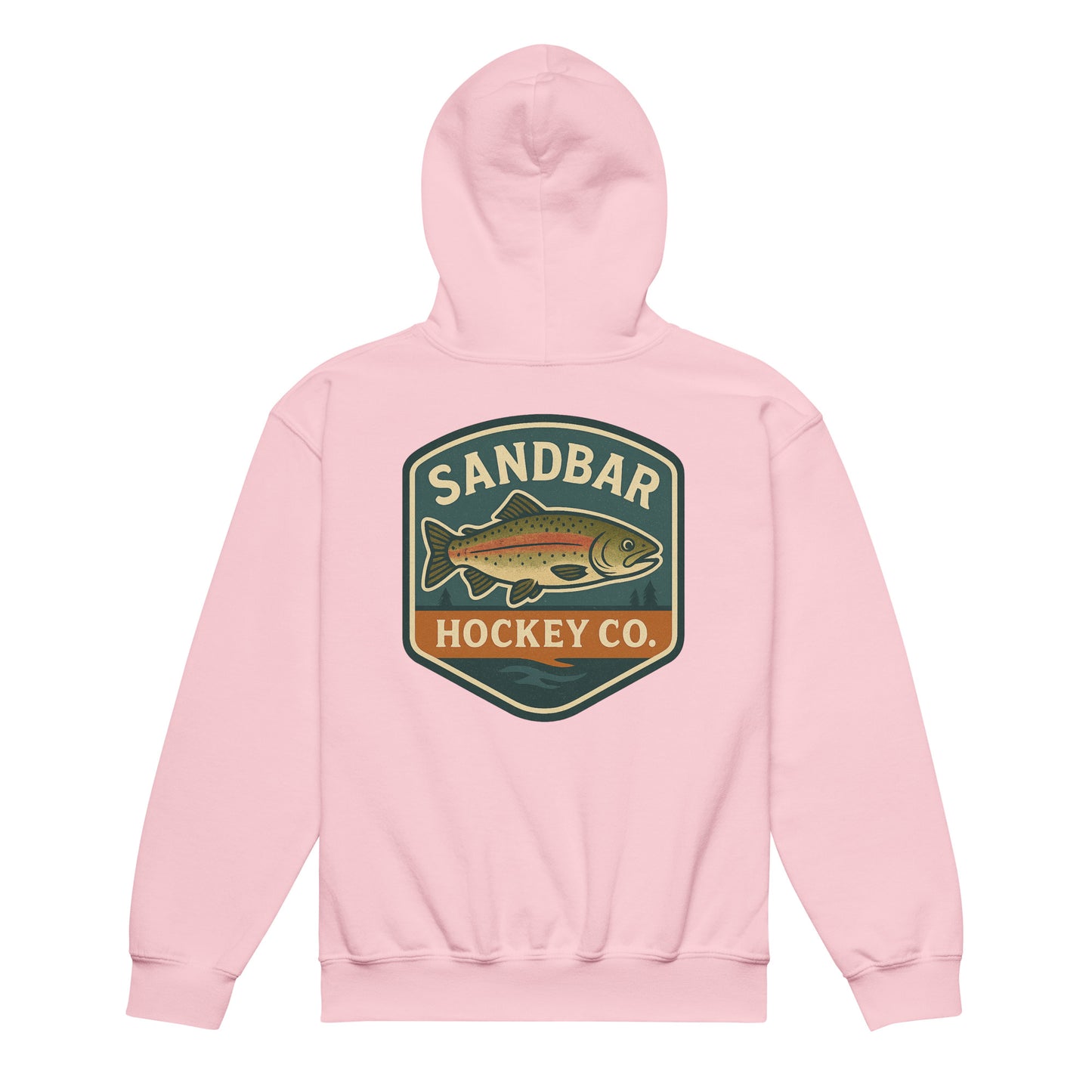 Light pink youth hockey hoodie back side with large trout badge graphic and Sandbar Hockey Co. text