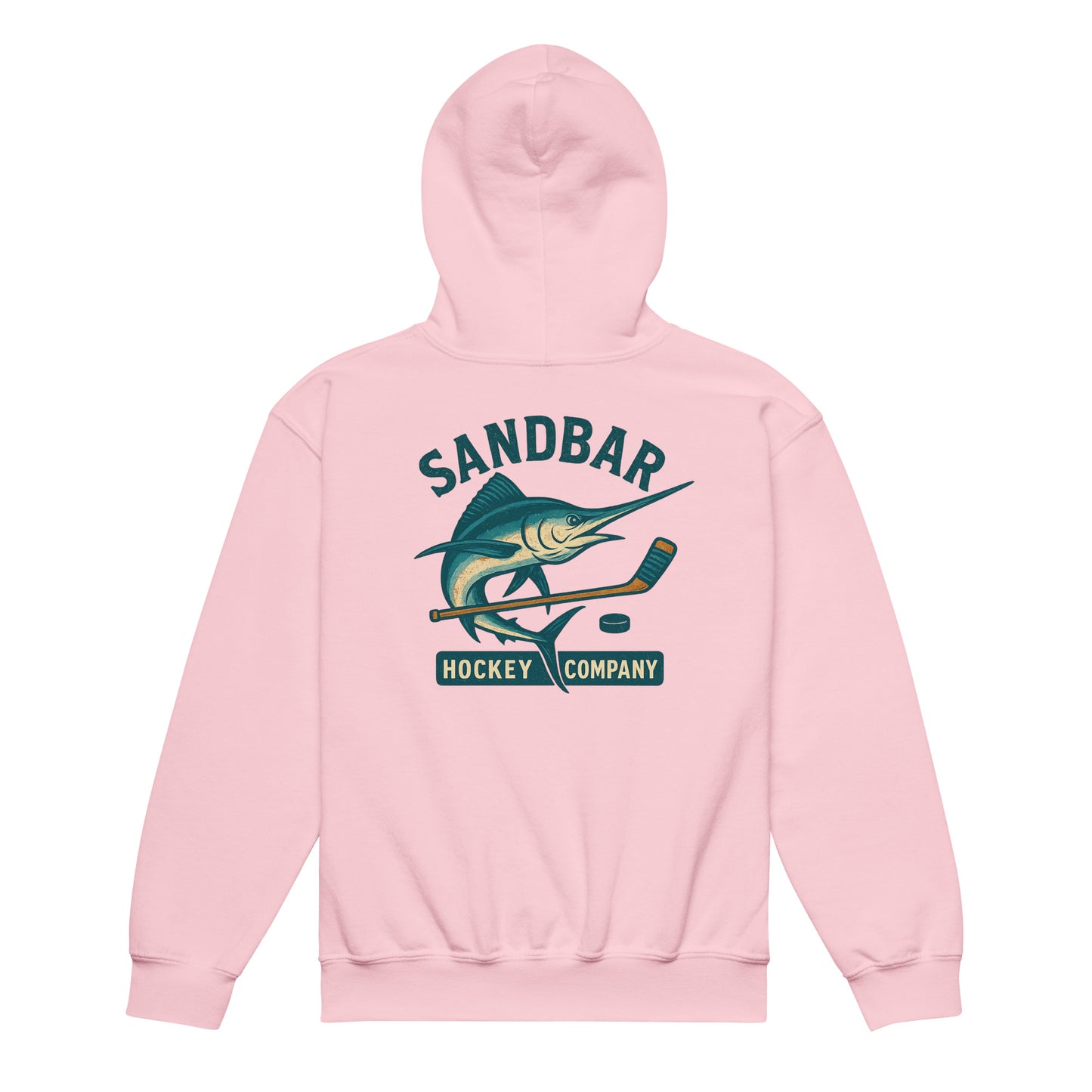Light pink youth hockey hoodie back side with large marlin, hockey stick, and puck graphic with Sandbar Hockey Company text
