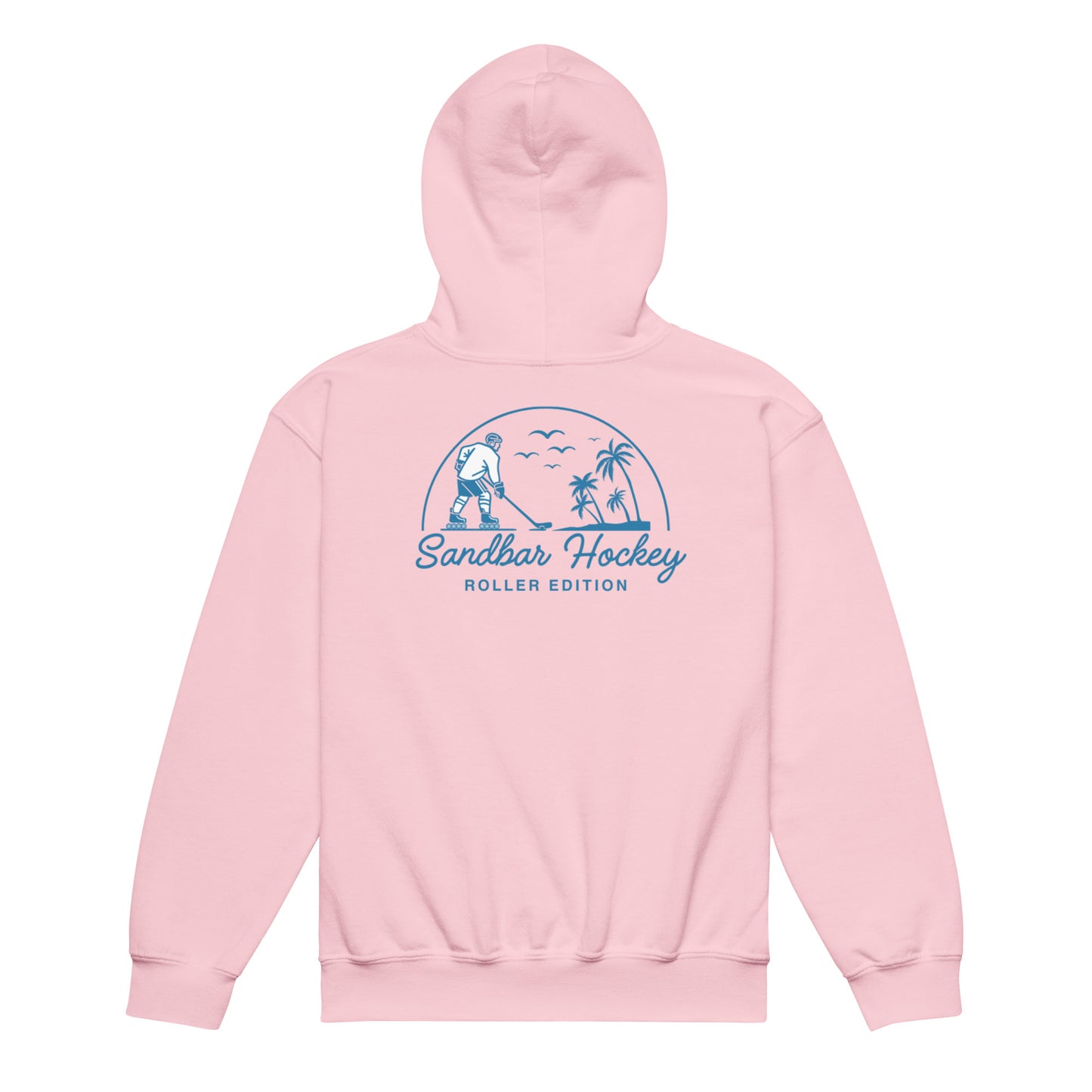 Pink youth roller hockey hoodie back view with Sandbar Hockey Roller Edition graphic across the back.