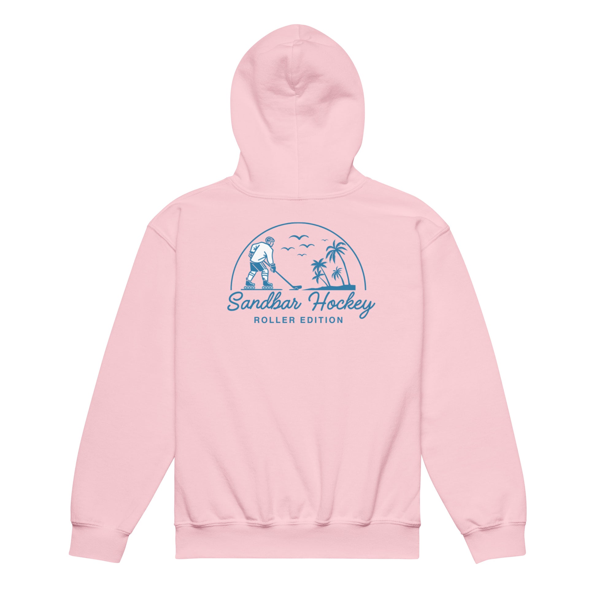 Pink youth roller hockey hoodie back view with Sandbar Hockey Roller Edition graphic across the back.