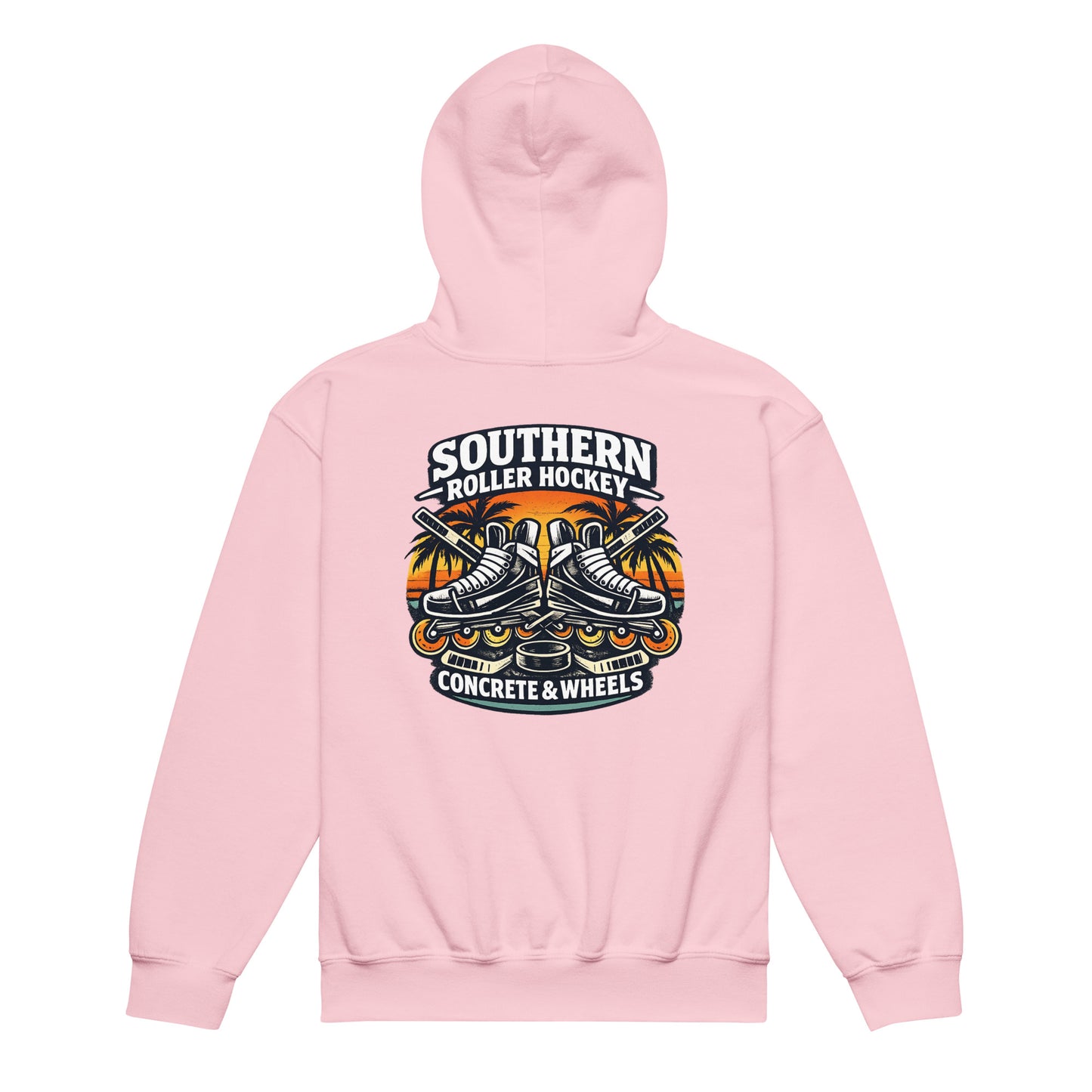 Light pink youth southern roller hockey hoodie back view with Southern Roller Hockey Concrete & Wheels graphic featuring inline skates, palm trees, sticks, and puck.
