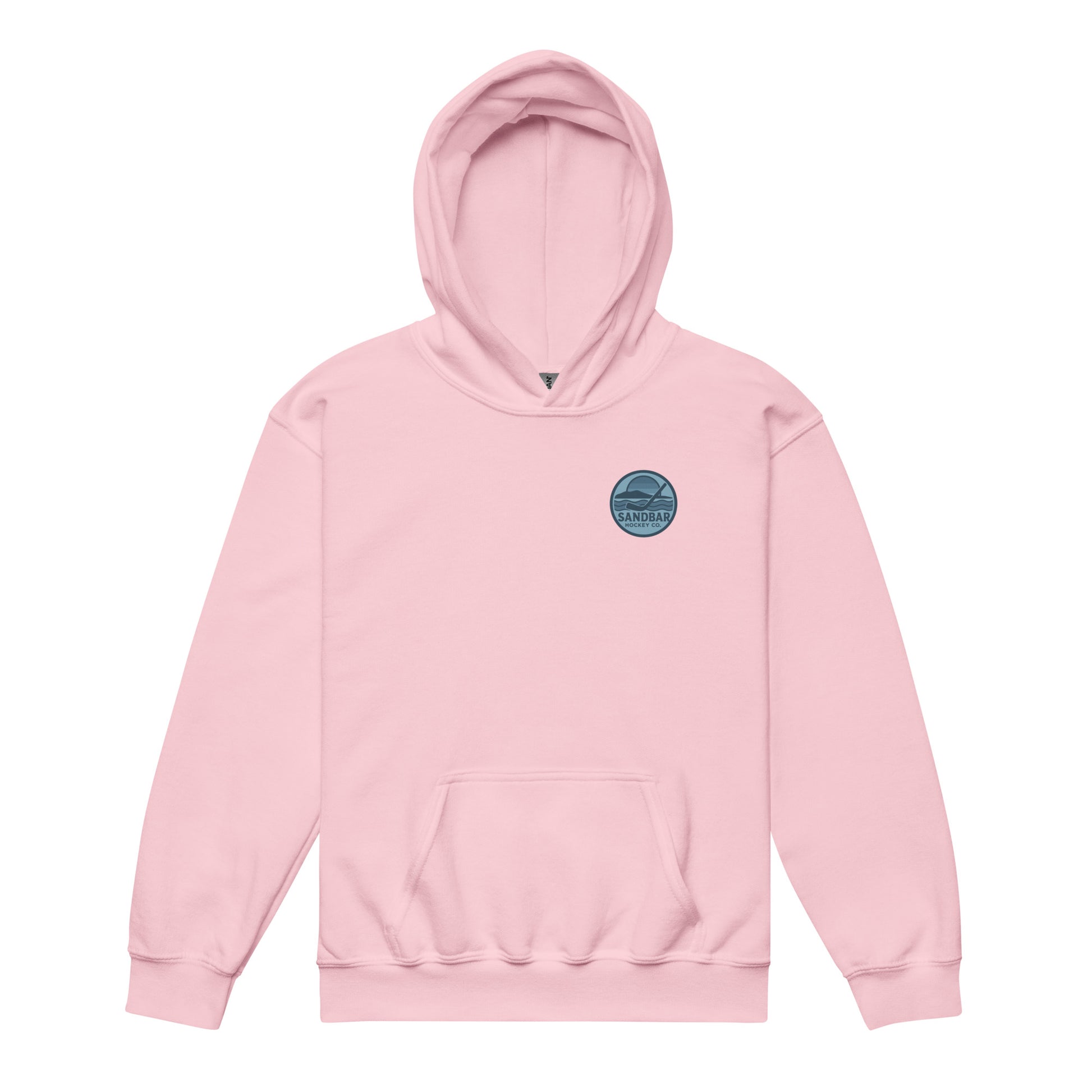 Light pink youth fishing hockey hoodie front side with small blue Sandbar Hockey logo