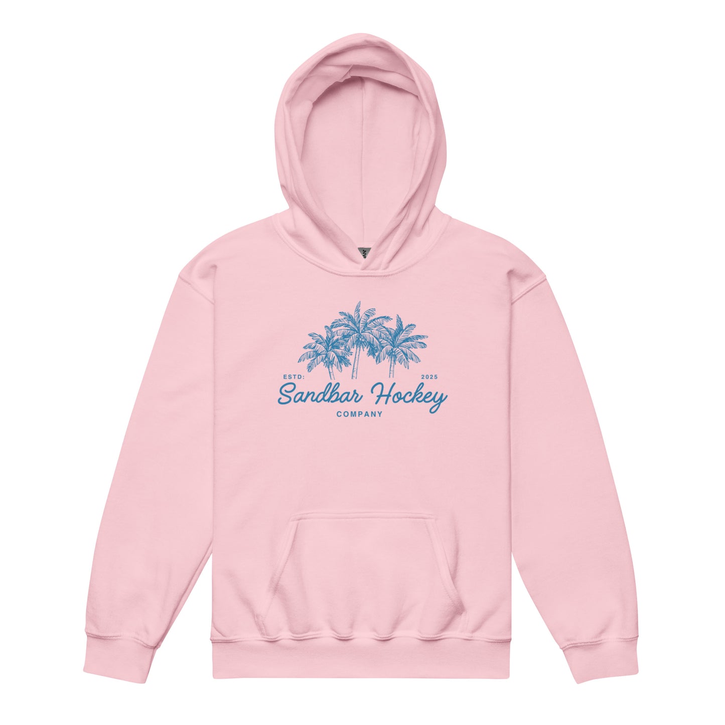 Light pink youth hockey hoodie front side with blue palm tree graphic and Sandbar Hockey Company cursive logo