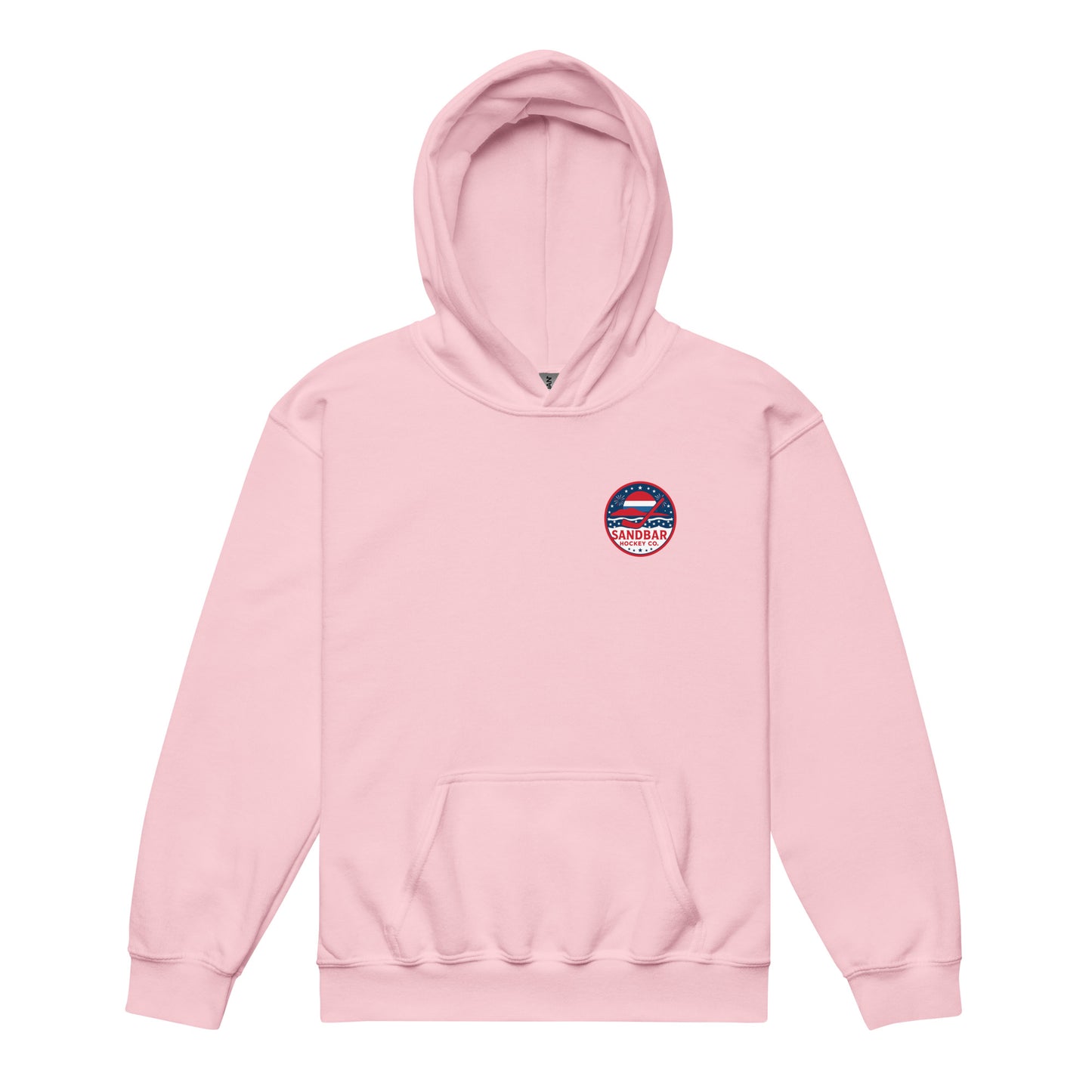 Light pink youth hockey hoodie front side with small circular patriotic Sandbar Hockey chest logo