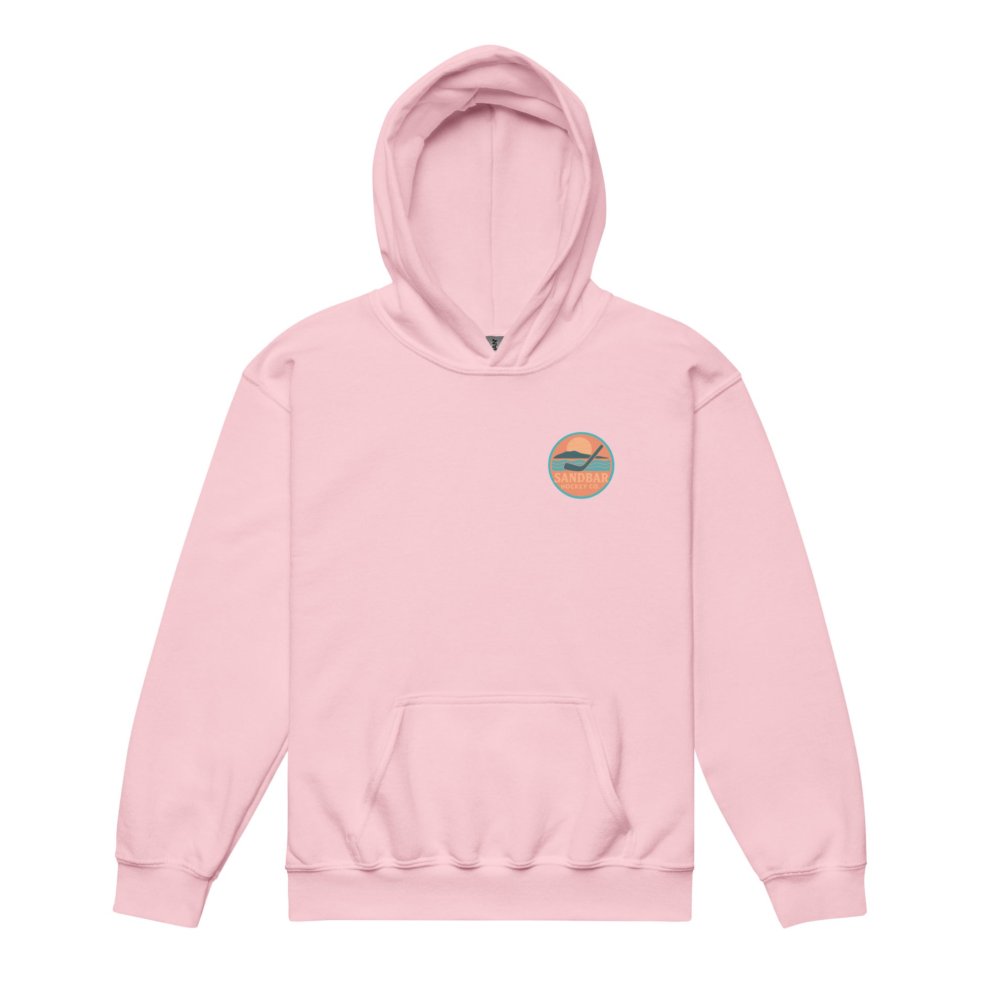 Light pink youth hockey hoodie front side with small circular Sandbar Hockey Co. sunset, water, island, and hockey stick chest logo