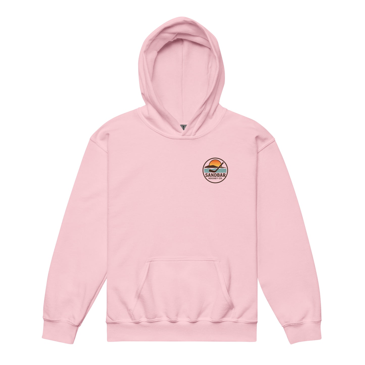 Light pink youth hockey hoodie front side with small circular Sandbar Hockey Co. sunset, water, island, and hockey stick chest logo