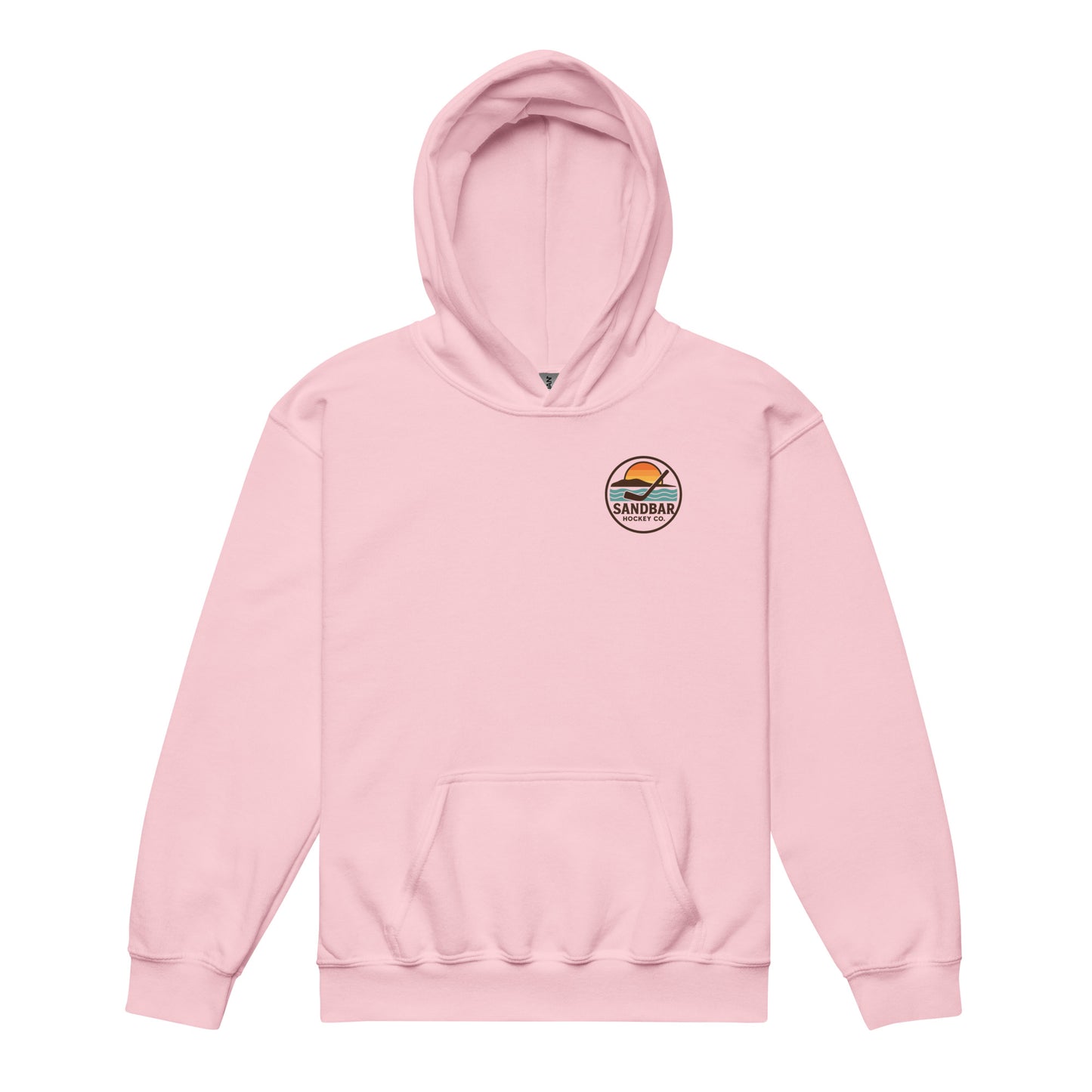 Light pink youth hockey hoodie front side with small circular Sandbar Hockey Co. sunset, water, island, and hockey stick chest logo