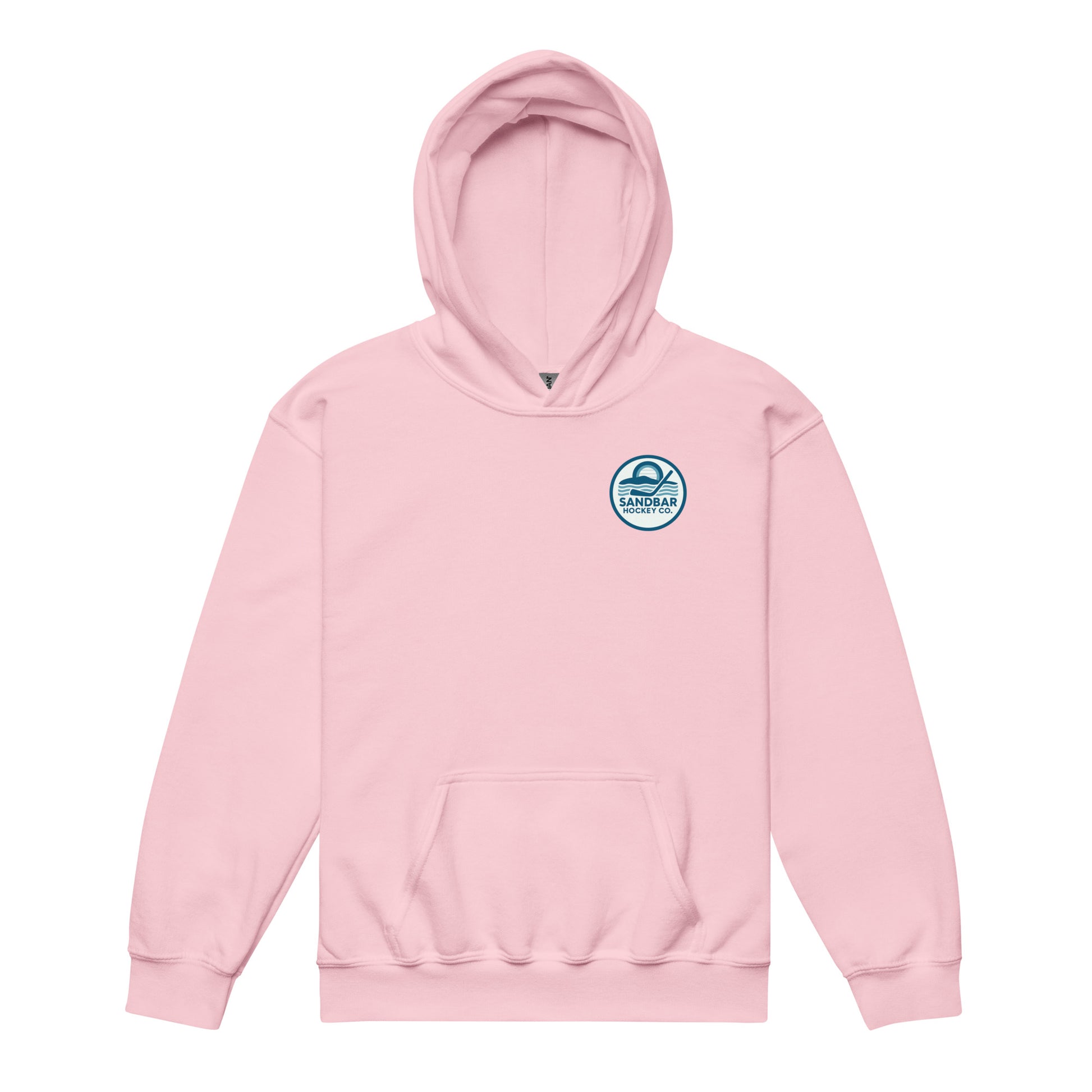 Light pink youth hockey hoodie front side with small circular Sandbar Hockey Co. chest logo featuring sunset, water, and hockey stick