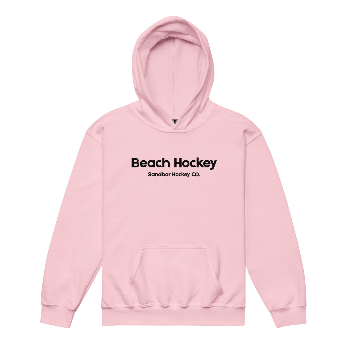 Light pink youth beach hockey hoodie front view with Beach Hockey Sandbar Hockey Co. text on the chest.