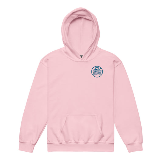 Pink youth roller hockey hoodie front view with small circular Sandbar Hockey Co. logo on the left chest.