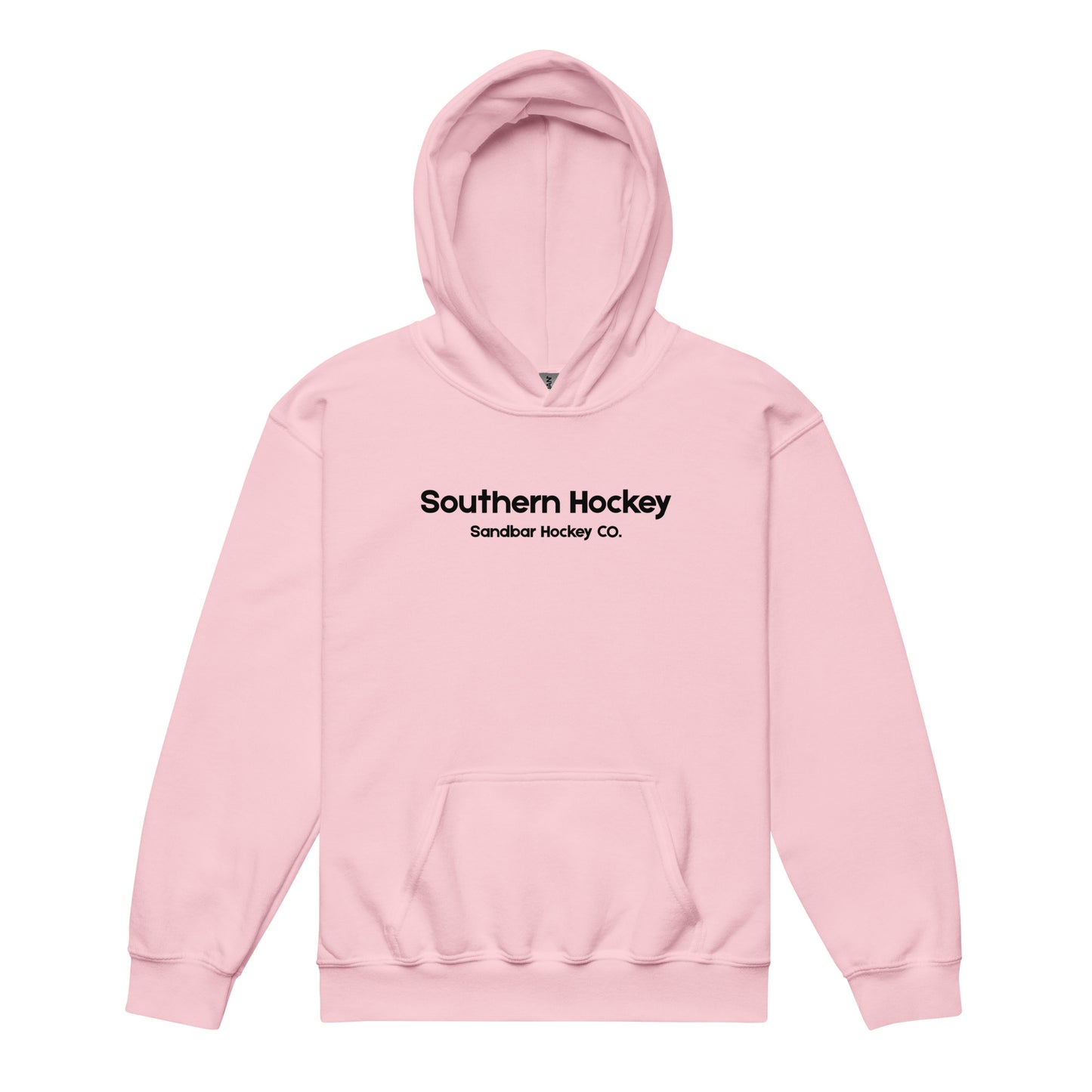 Light pink youth southern hockey hoodie front view with Southern Hockey Sandbar Hockey Co. text on the chest.