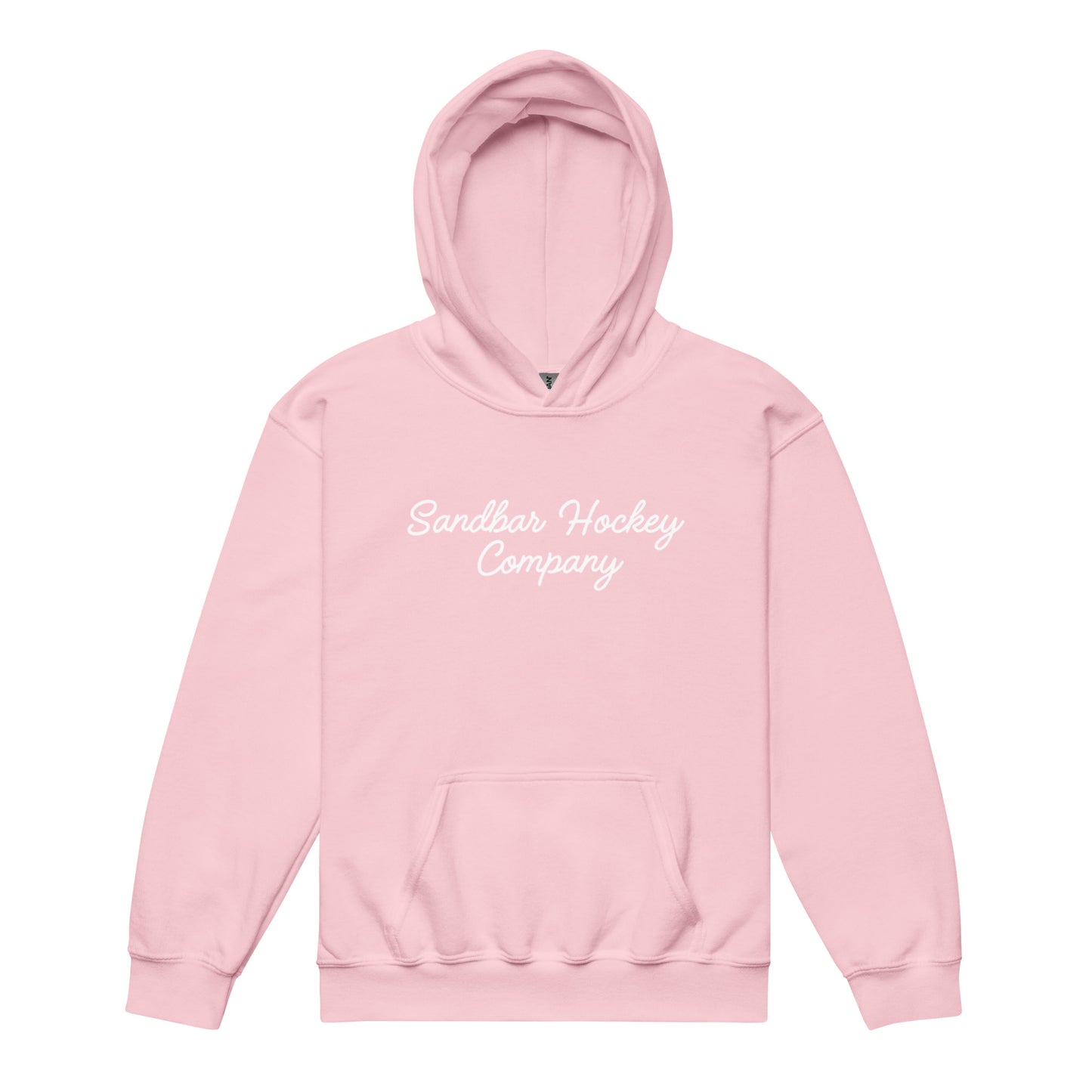 Light pink youth southern roller hockey hoodie front view with Sandbar Hockey Company script on the chest.