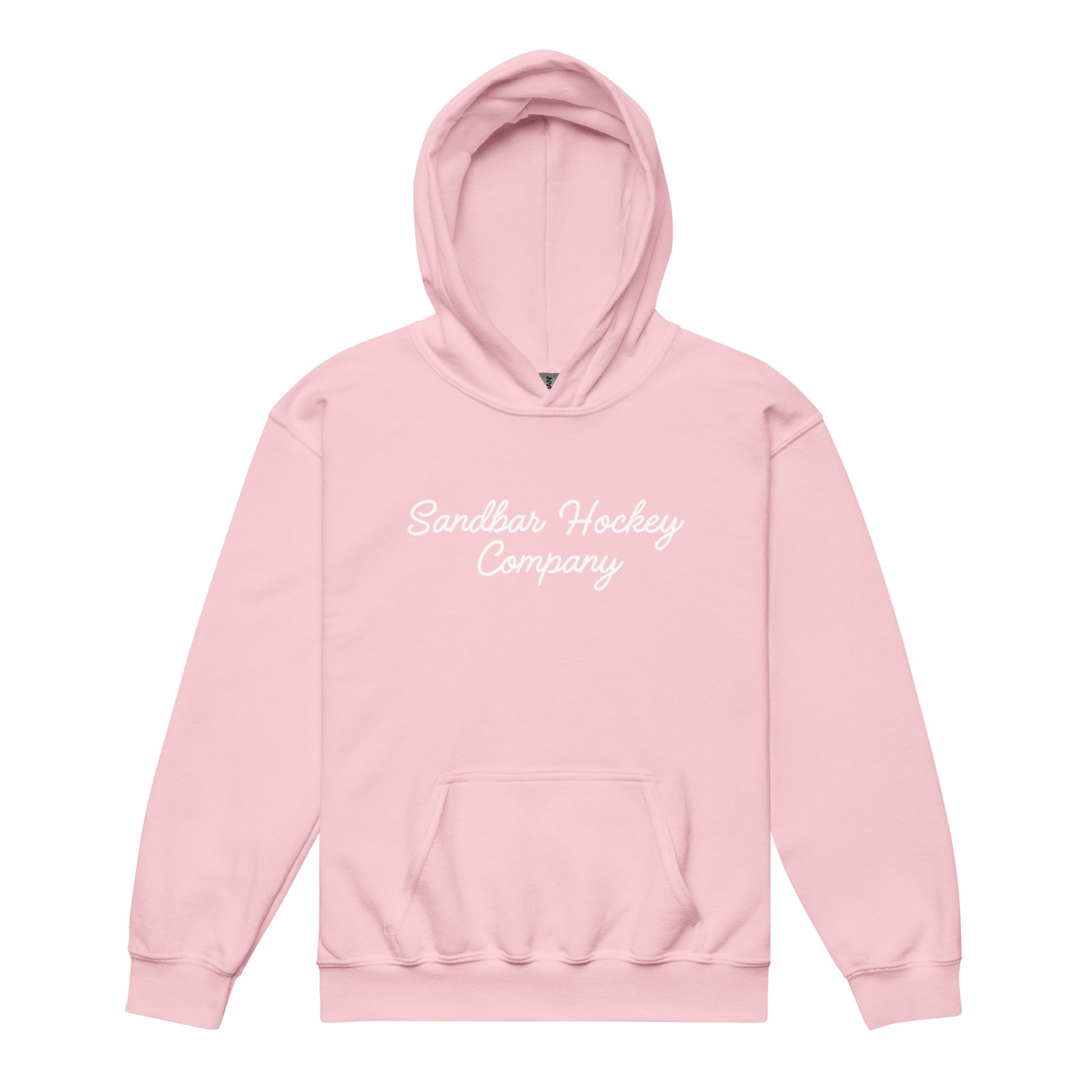 Light pink youth southern roller hockey hoodie front view with Sandbar Hockey Company script on the chest.