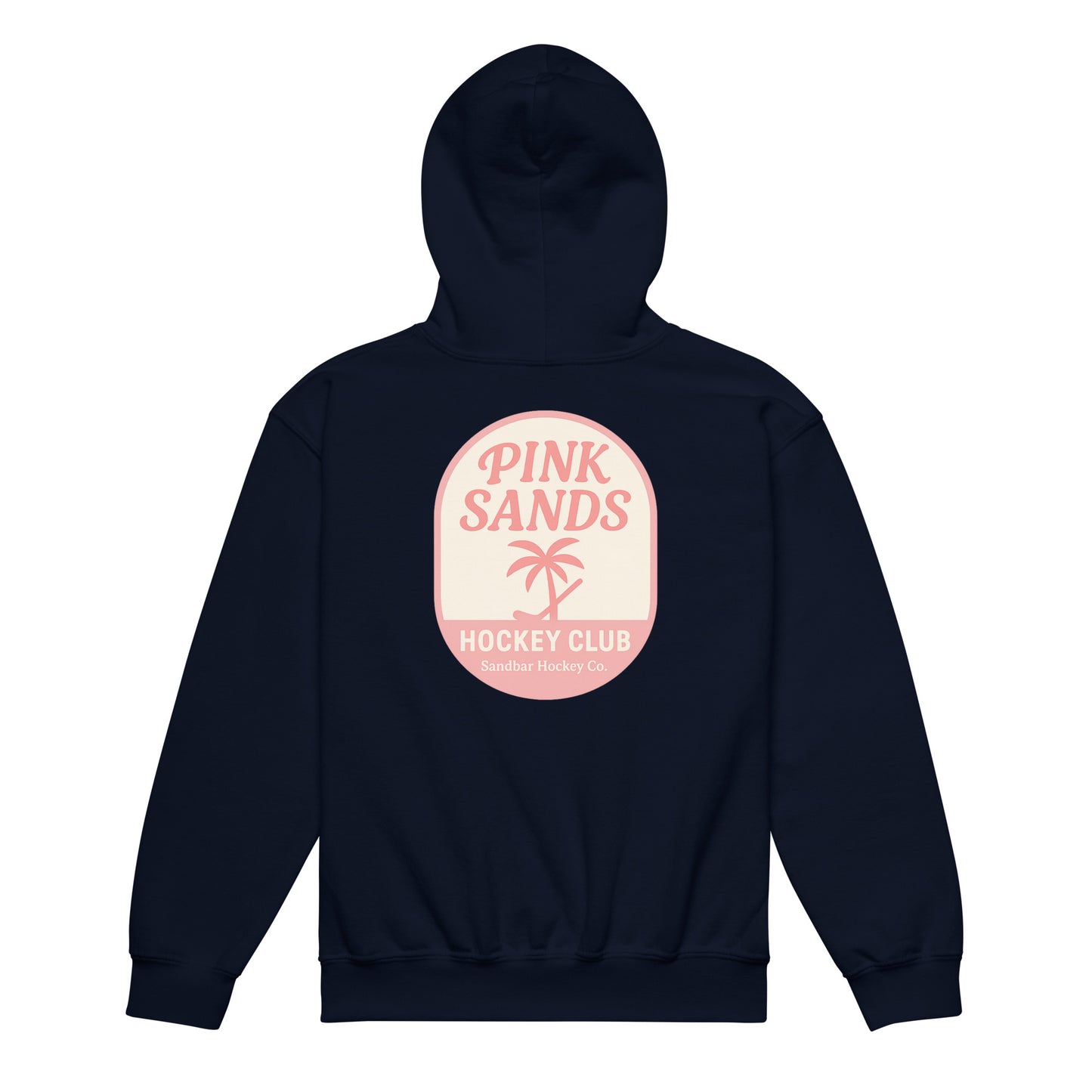 Navy youth hockey hoodie back side with Pink Sands Hockey Club graphic 