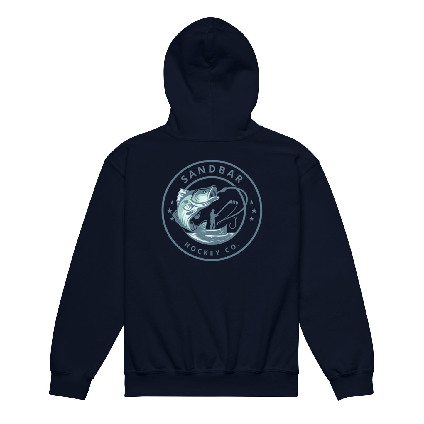 Navy youth fishing hockey hoodie back side with large circular bass fishing logo and fisherman holding hockey stick silhouette