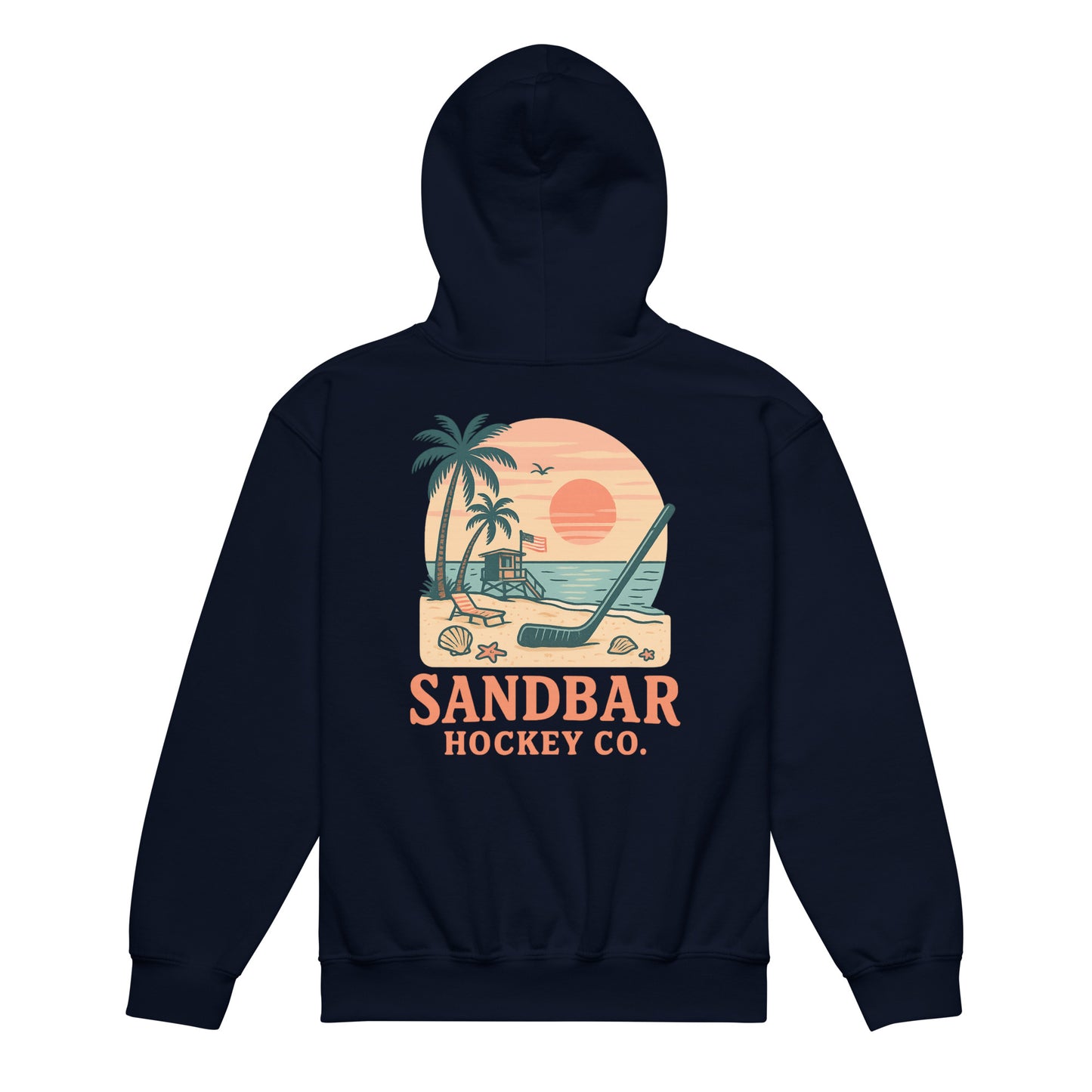 Navy youth hockey hoodie back side with beach sunset graphic, palm trees, lifeguard stand, hockey stick, and Sandbar Hockey Co. text