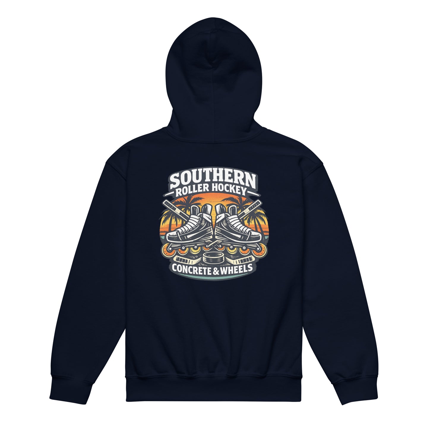 Navy Blue youth southern roller hockey hoodie back view with Southern Roller Hockey Concrete & Wheels graphic featuring inline skates, palm trees, sticks, and puck.