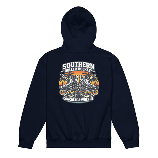 Navy Blue youth southern roller hockey hoodie back view with Southern Roller Hockey Concrete & Wheels graphic featuring inline skates, palm trees, sticks, and puck.