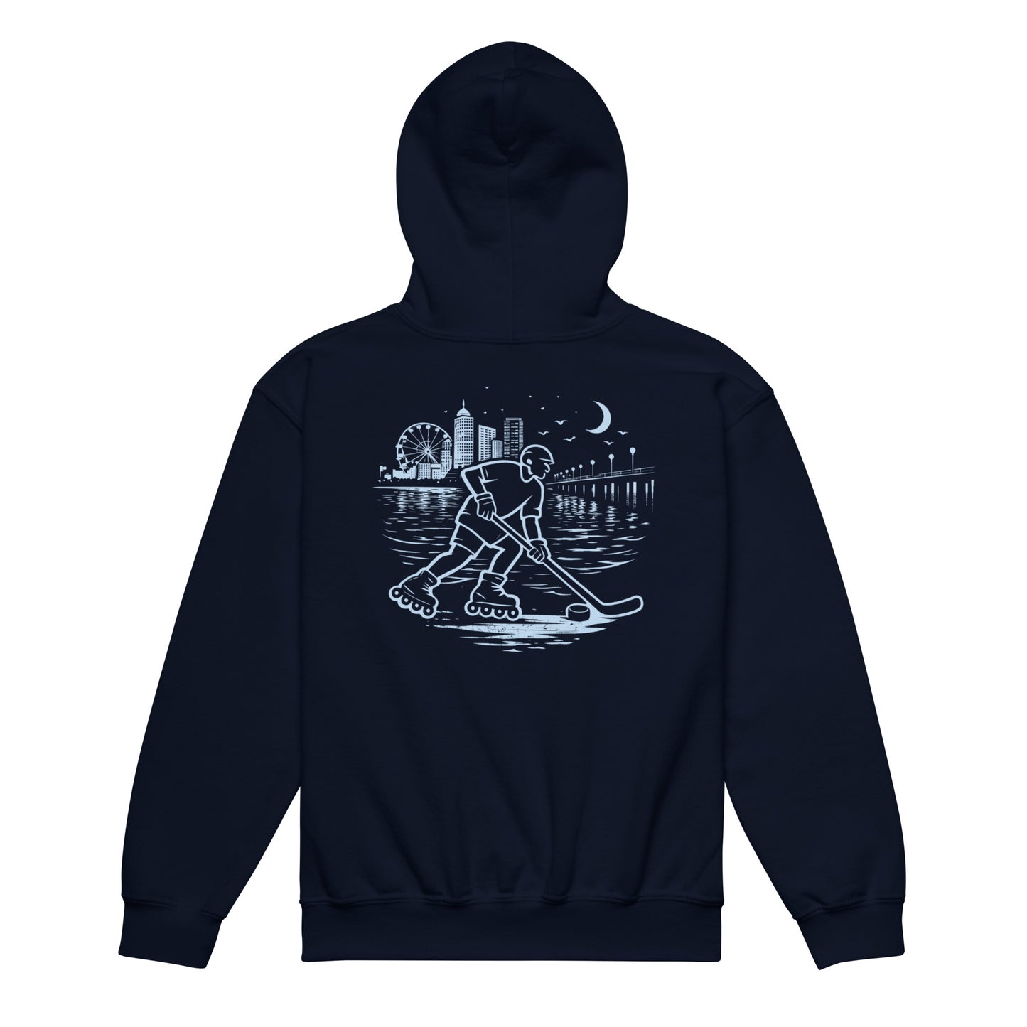 Youth navy blue roller hockey hoodie back view with baby blue waterfront roller hockey graphic featuring a skater, city skyline, ferris wheel, pier, moon, and water reflections.