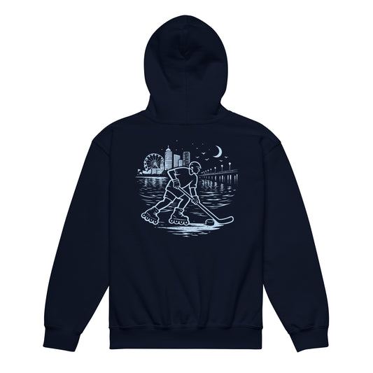 Youth navy blue roller hockey hoodie back view with baby blue waterfront roller hockey graphic featuring a skater, city skyline, ferris wheel, pier, moon, and water reflections.