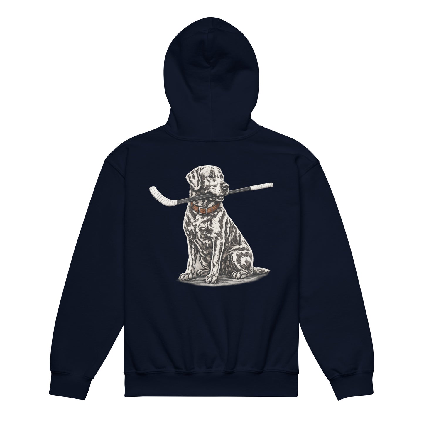 Navy blue youth hockey hoodie shown from the back, featuring the dog graphic holding a hockey stick across the back.