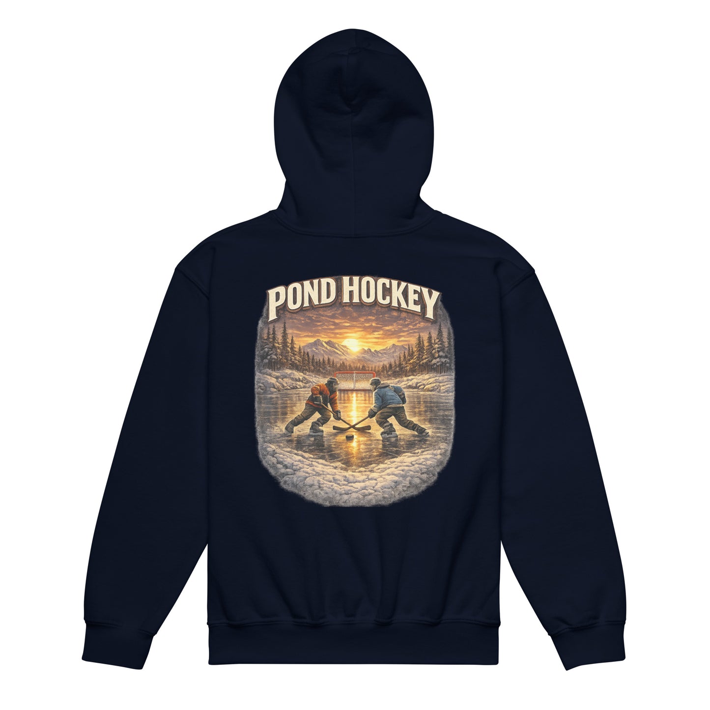 Navy Blue youth hoodie with a large back graphic showing two hockey players on a frozen pond at sunset, with mountains, pine trees, a goal net, and “POND HOCKEY” in bold lettering above.