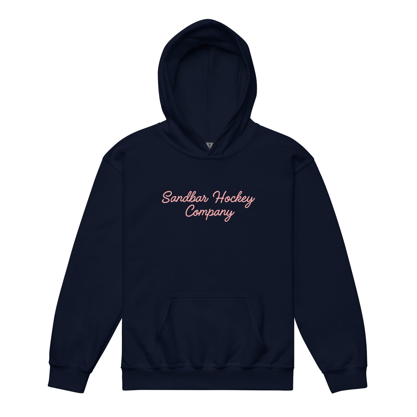 Navy youth hockey hoodie front side with pink Sandbar Hockey Company cursive logo