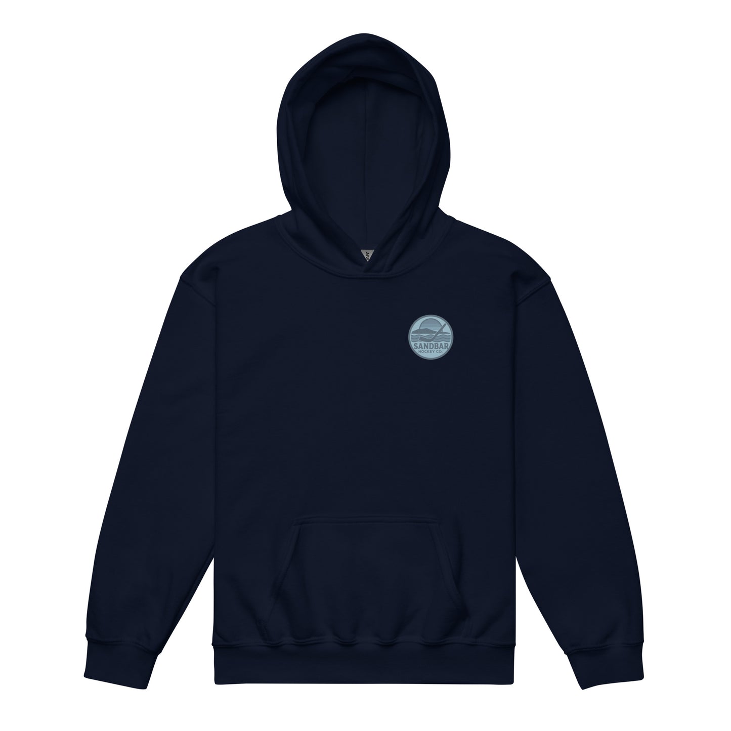Navy youth fishing hockey hoodie front side with small blue Sandbar Hockey logo