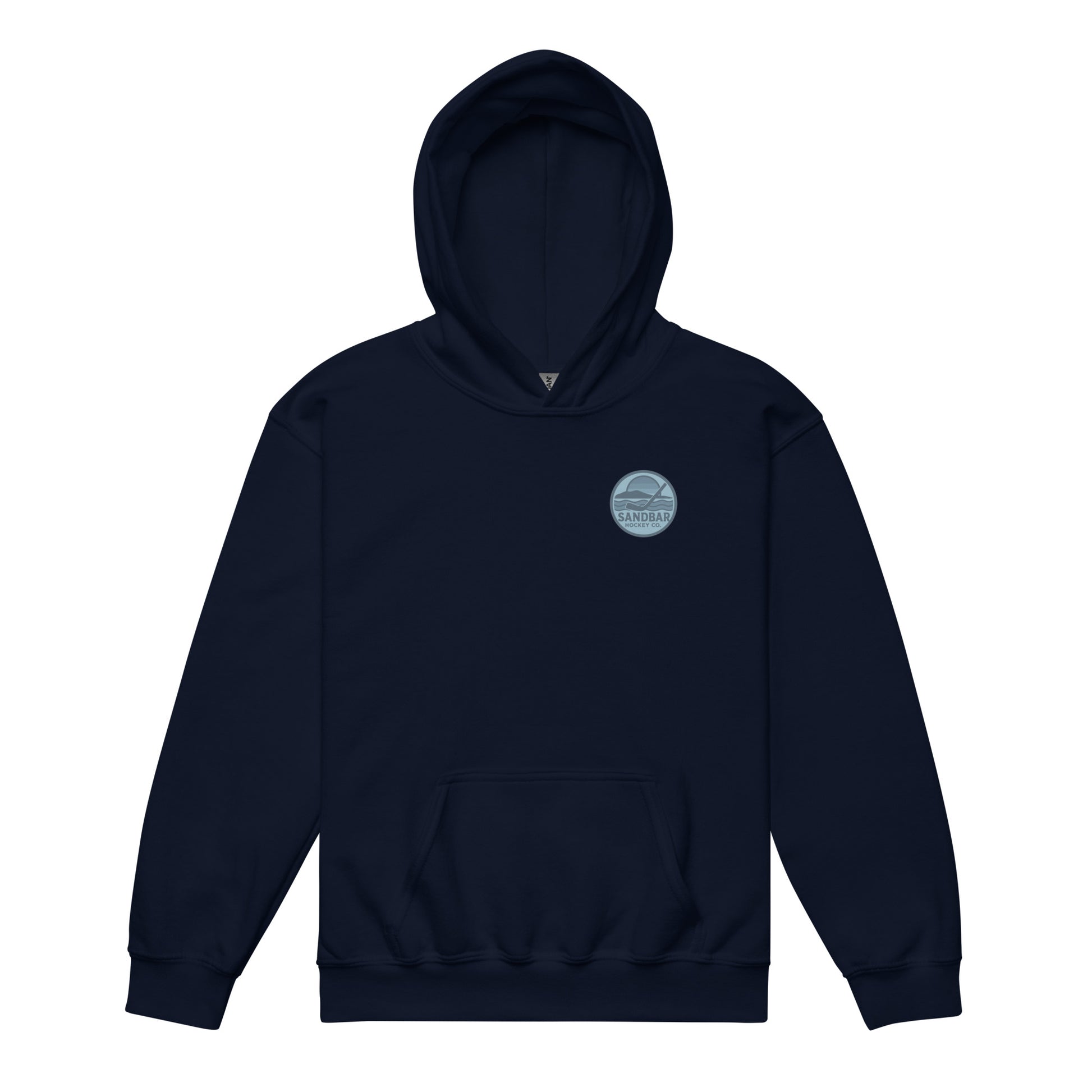 Navy youth fishing hockey hoodie front side with small blue Sandbar Hockey logo