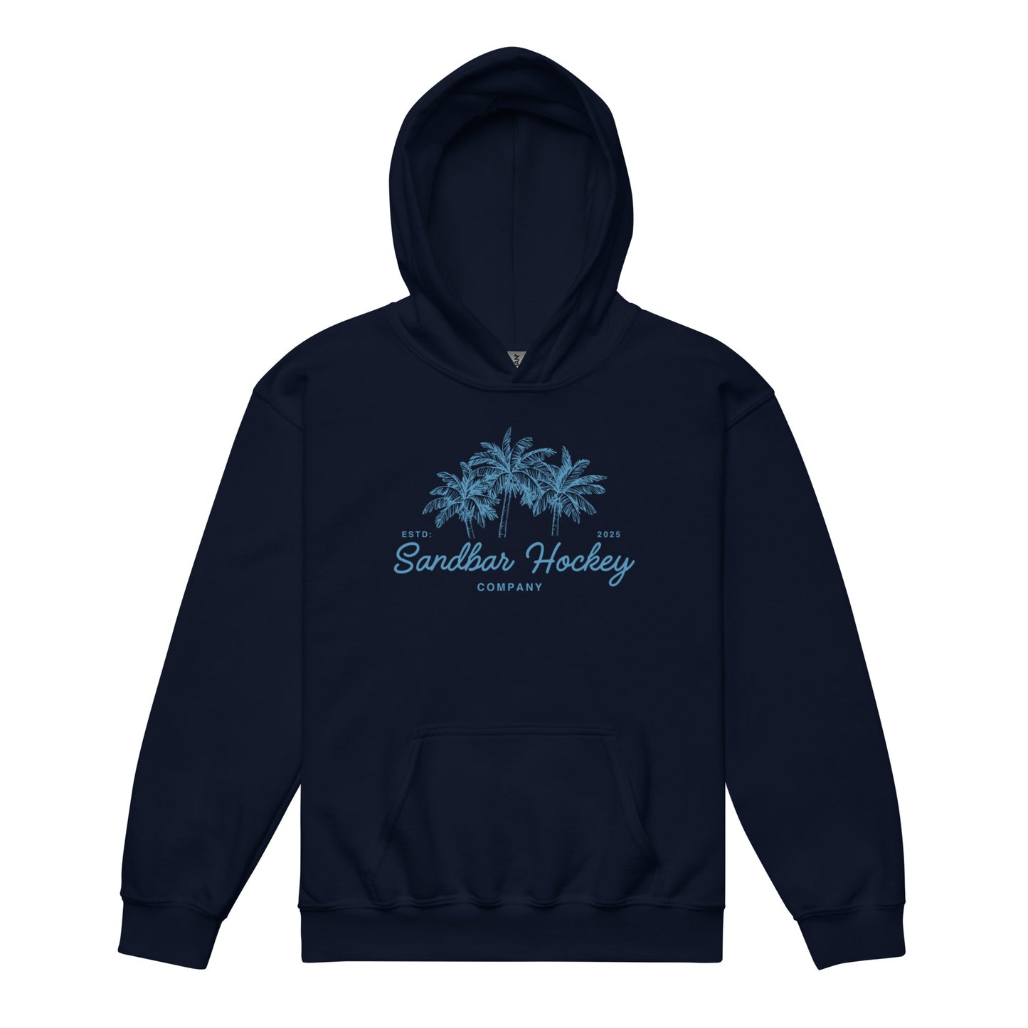 Navy blue youth hockey hoodie front side with blue palm tree graphic and Sandbar Hockey Company cursive logo