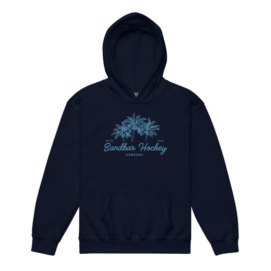Navy blue youth hockey hoodie front side with blue palm tree graphic and Sandbar Hockey Company cursive logo