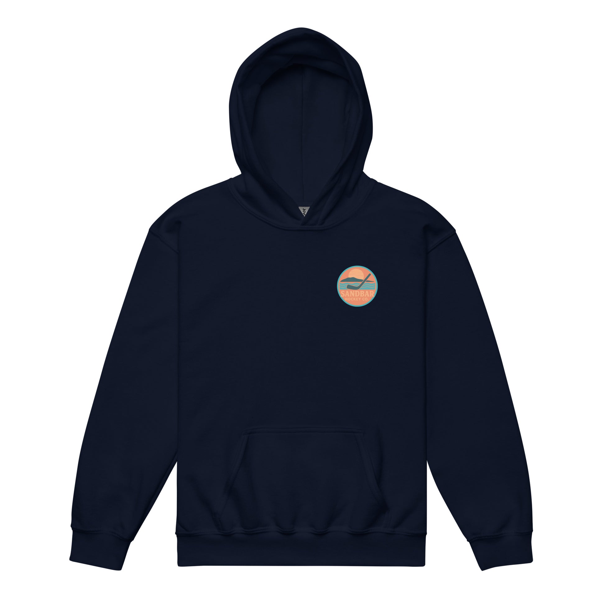 Navy youth hockey hoodie front side with small circular Sandbar Hockey Co. sunset, water, island, and hockey stick chest logo