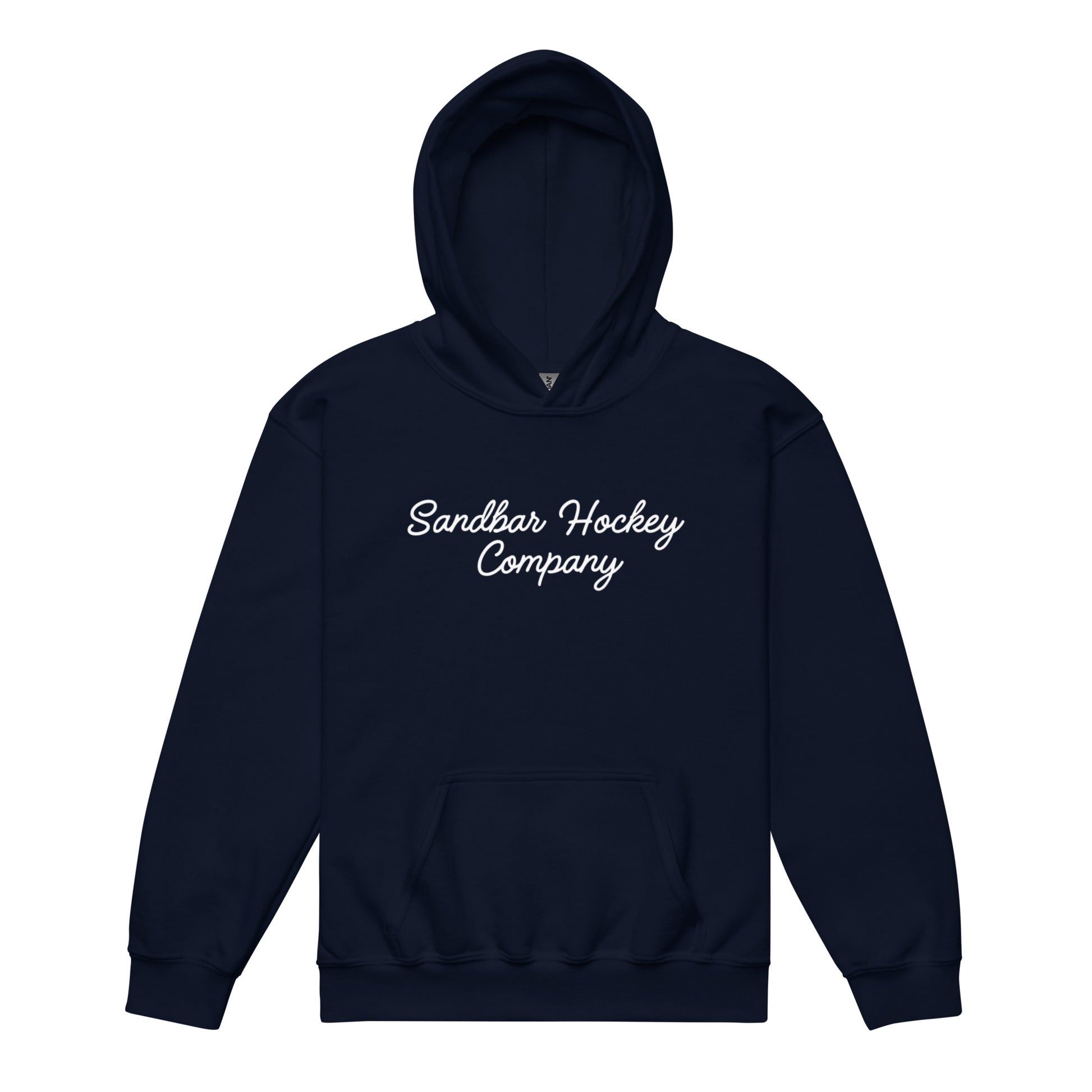 Navy Blue youth southern roller hockey hoodie front view with Sandbar Hockey Company script on the chest.