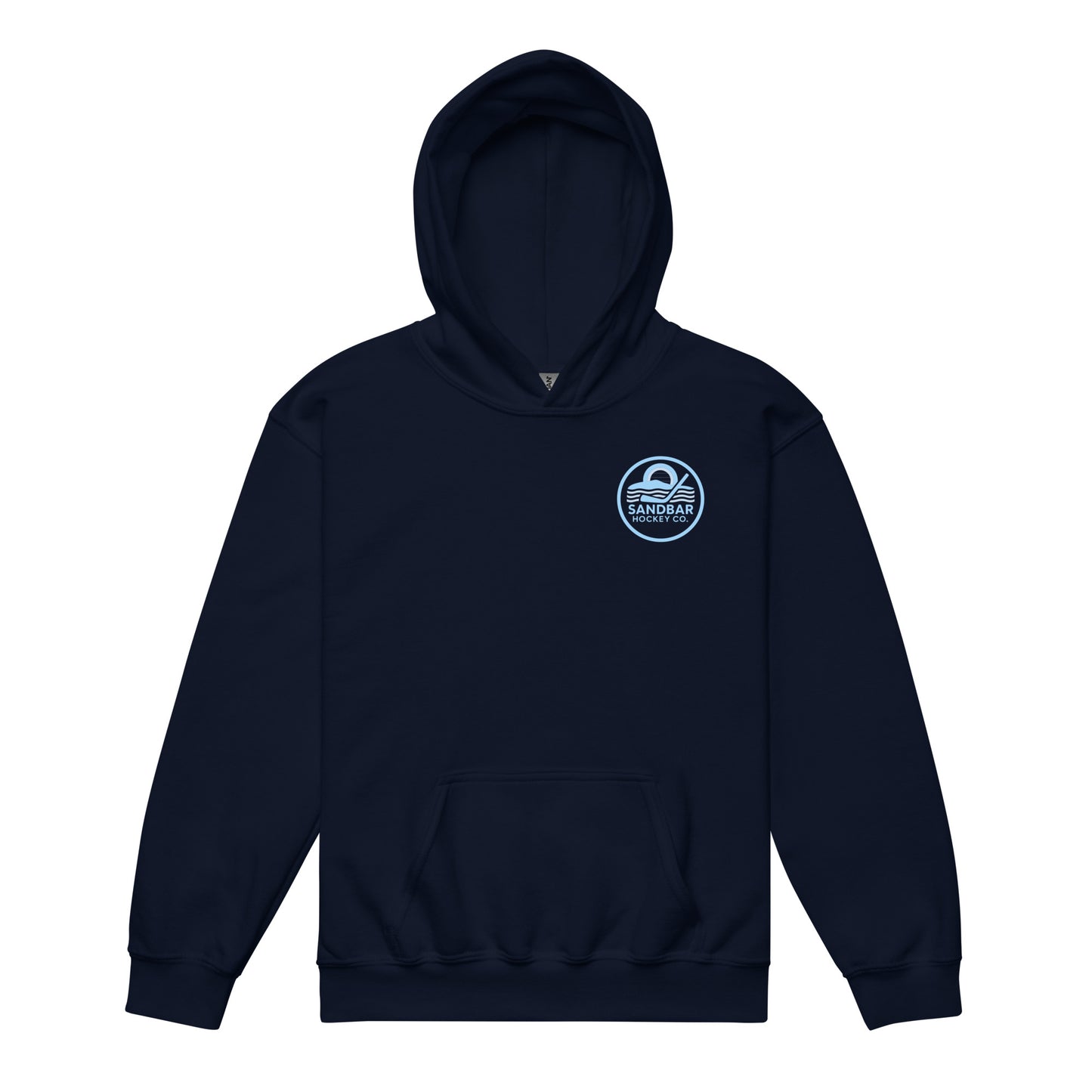 Youth navy blue roller hockey hoodie front angled view with baby blue Sandbar Hockey Co. chest logo.
