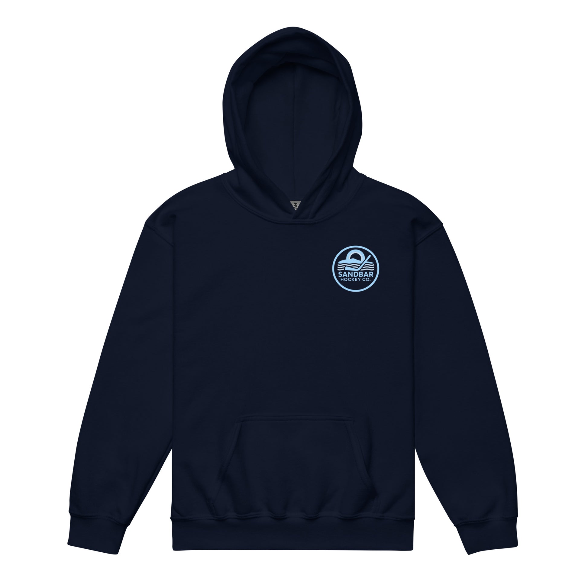 Youth navy blue roller hockey hoodie front angled view with baby blue Sandbar Hockey Co. chest logo.
