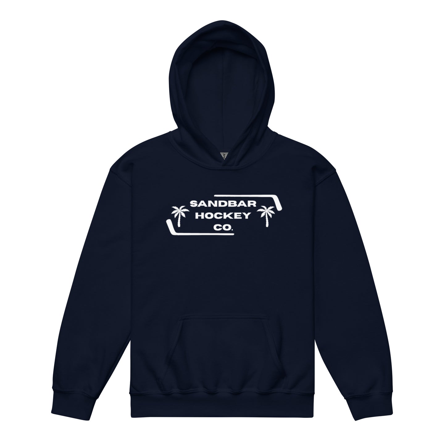 Navy blue Palm Frame Youth Hoodie with white Sandbar Hockey Co. palm frame front logo