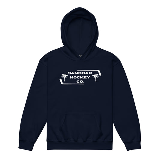 Navy blue Palm Frame Youth Hoodie with white Sandbar Hockey Co. palm frame front logo