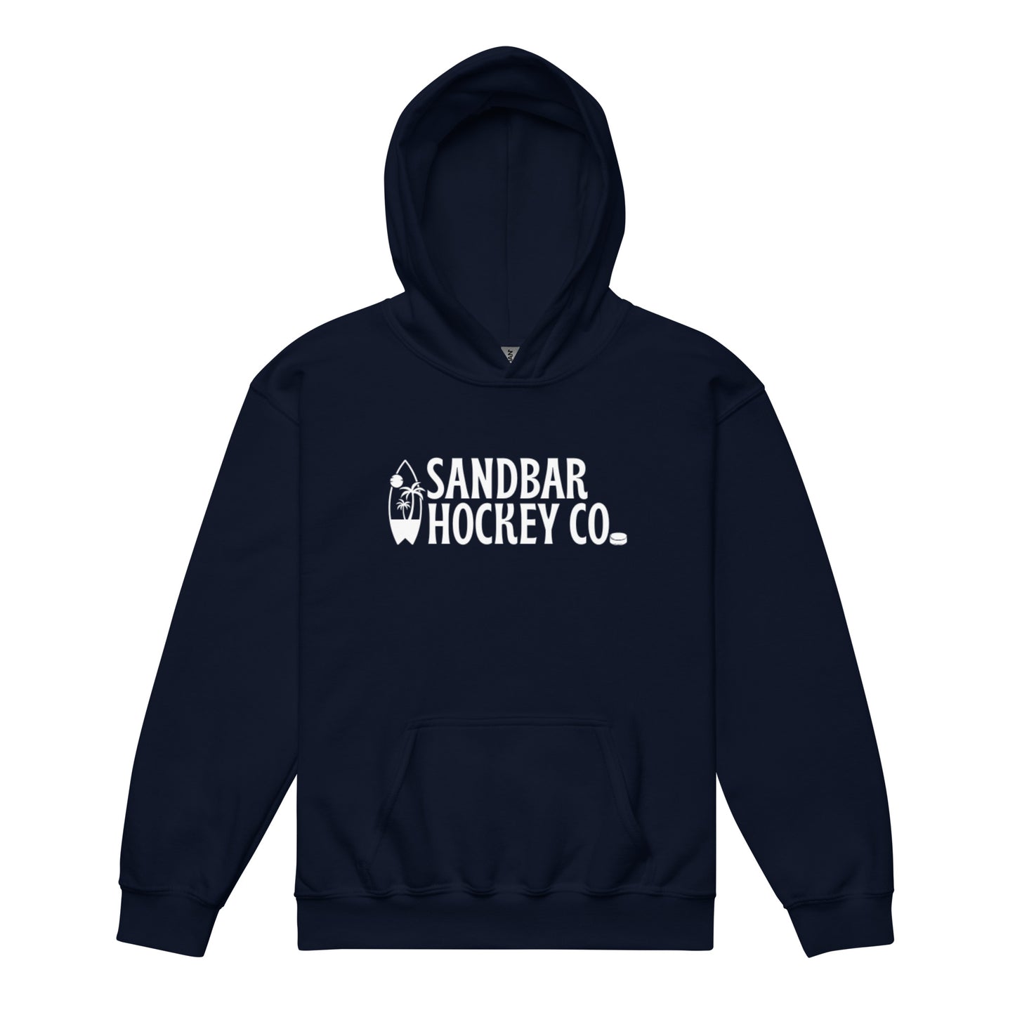 Navy blue youth Surfside Hockey hoodie with white Sandbar Hockey Co. surfboard logo on the front