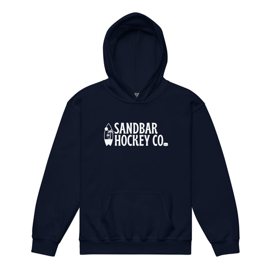 Navy blue youth Surfside Hockey hoodie with white Sandbar Hockey Co. surfboard logo on the front